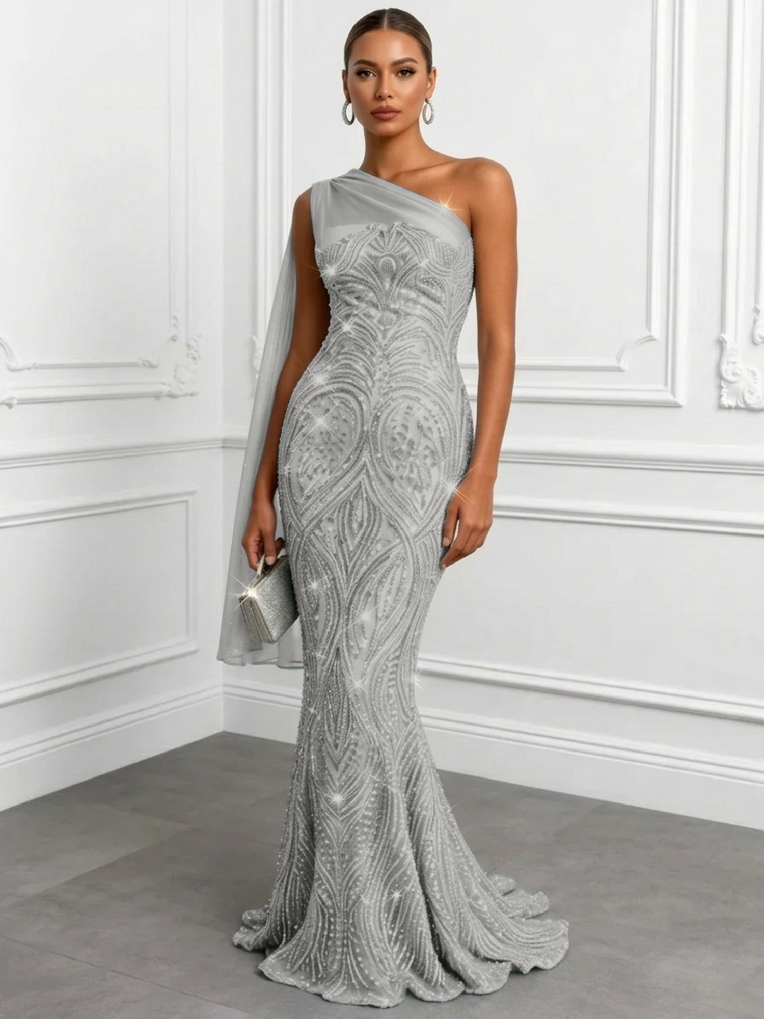 Shimmering Sage One-Shoulder Sequin Mermaid Evening Dress