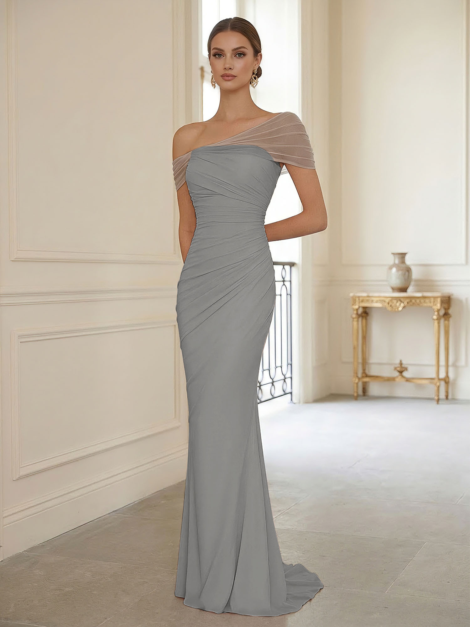 Sophisticated Blush Pink Asymmetrical Ruched Maxi Dress Evening Gown