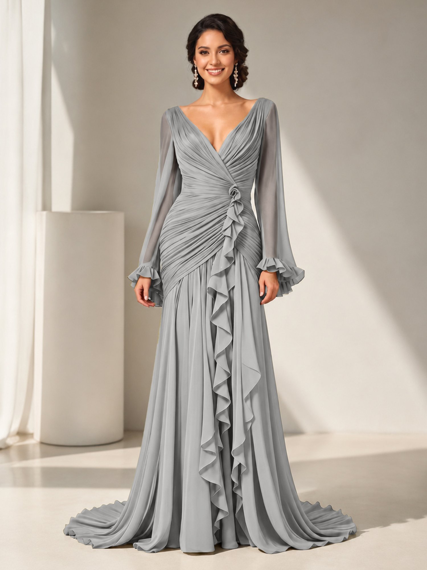Grecian Olive Green Ruched Long-Sleeve Cascading Ruffle Formal Evening Dress