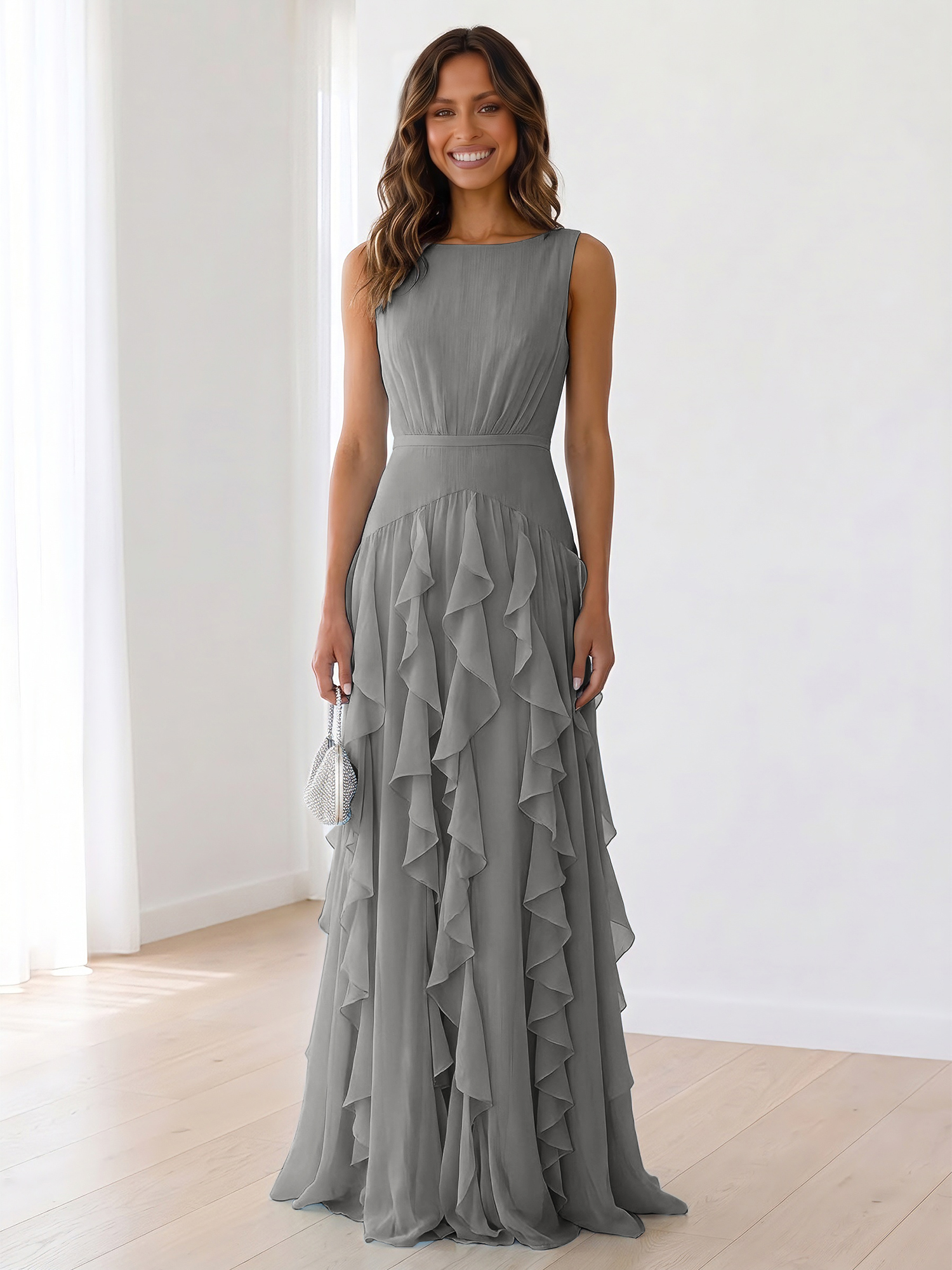 Ethereal Powder Blue Cascading Ruffle Maxi Formal Evening Dress