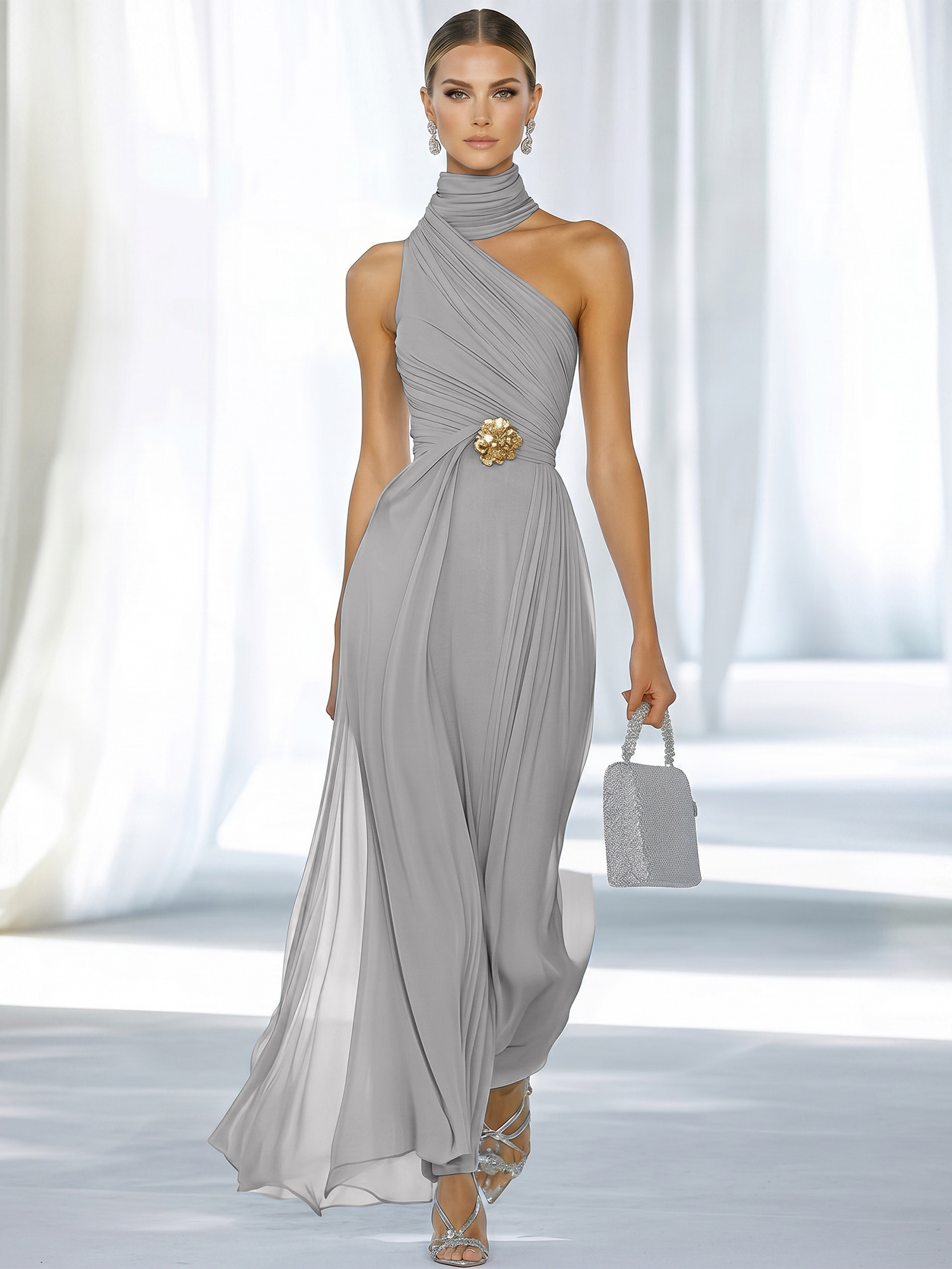 Sky Blue Pleated Chiffon Halter Strapless Formal Evening Dress