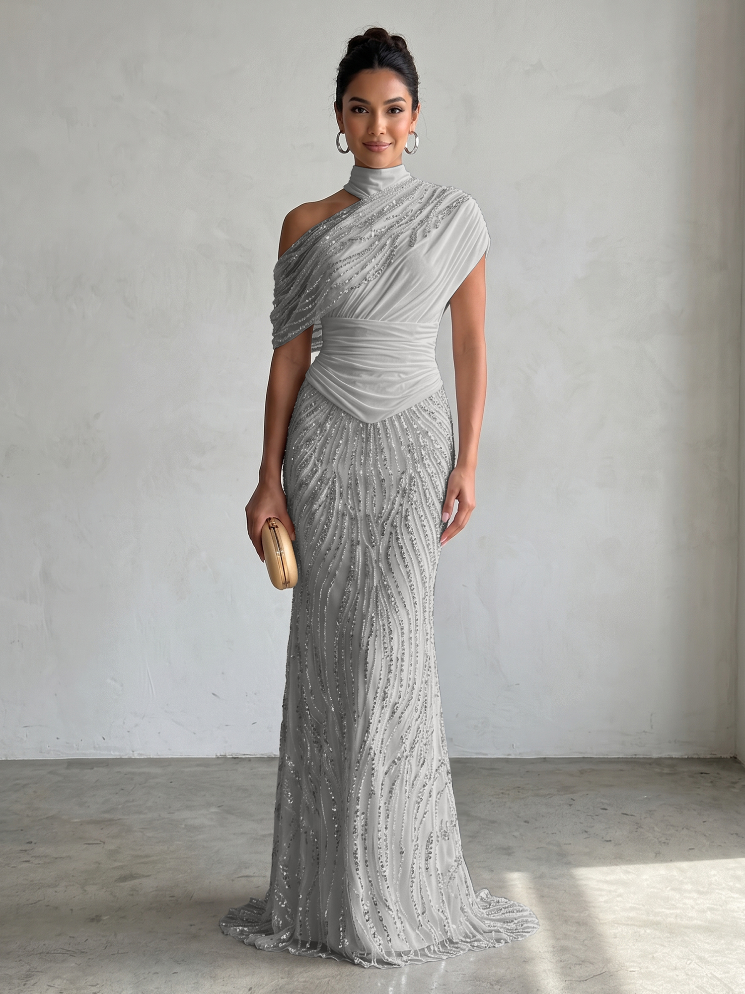 Ethereal White Beaded High-Neck Draped Sheath Formal Evening Dress