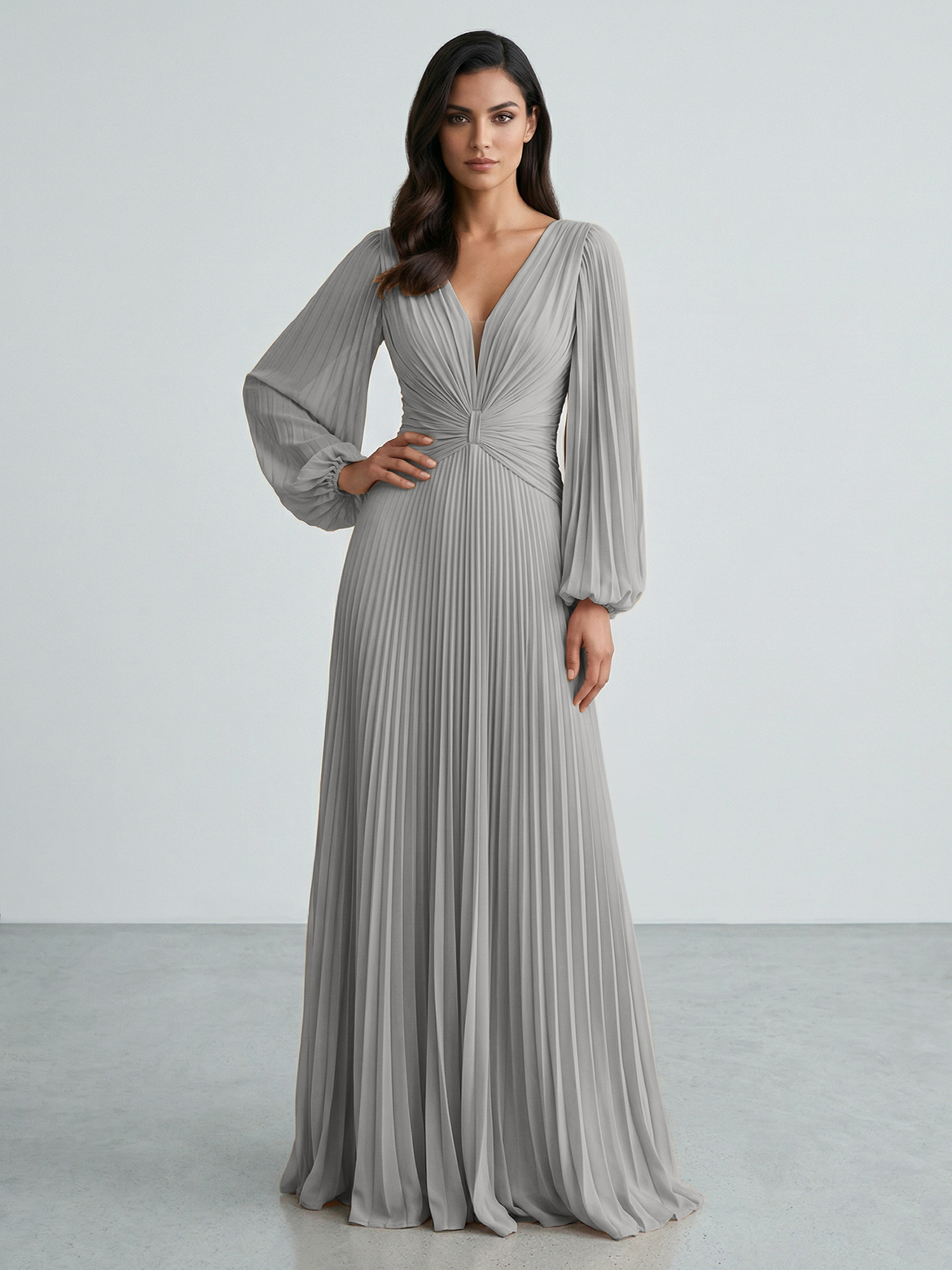 Slate Blue Plunging V-Neck Pleated Long Sleeve Maxi Dress Gown