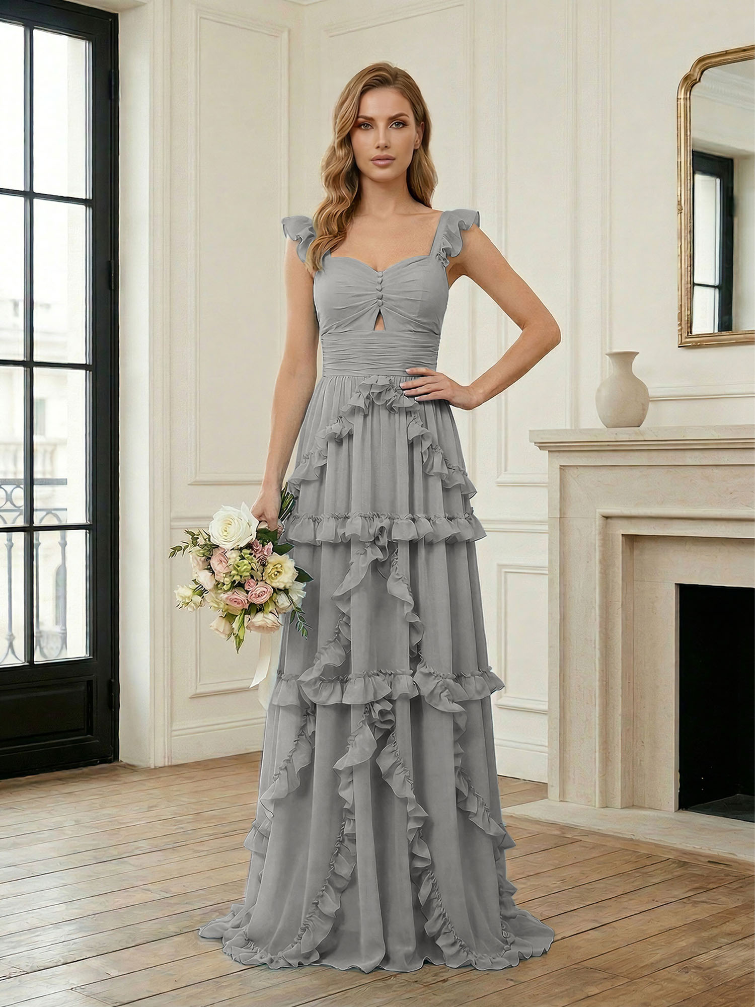Ethereal Sky Blue Tiered Ruffle Chiffon Maxi Dress Gown