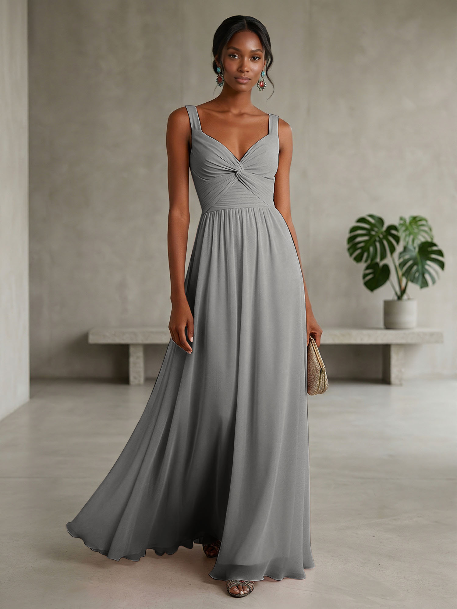 Elegant Soft Blush Twist-Front Chiffon Maxi Gown