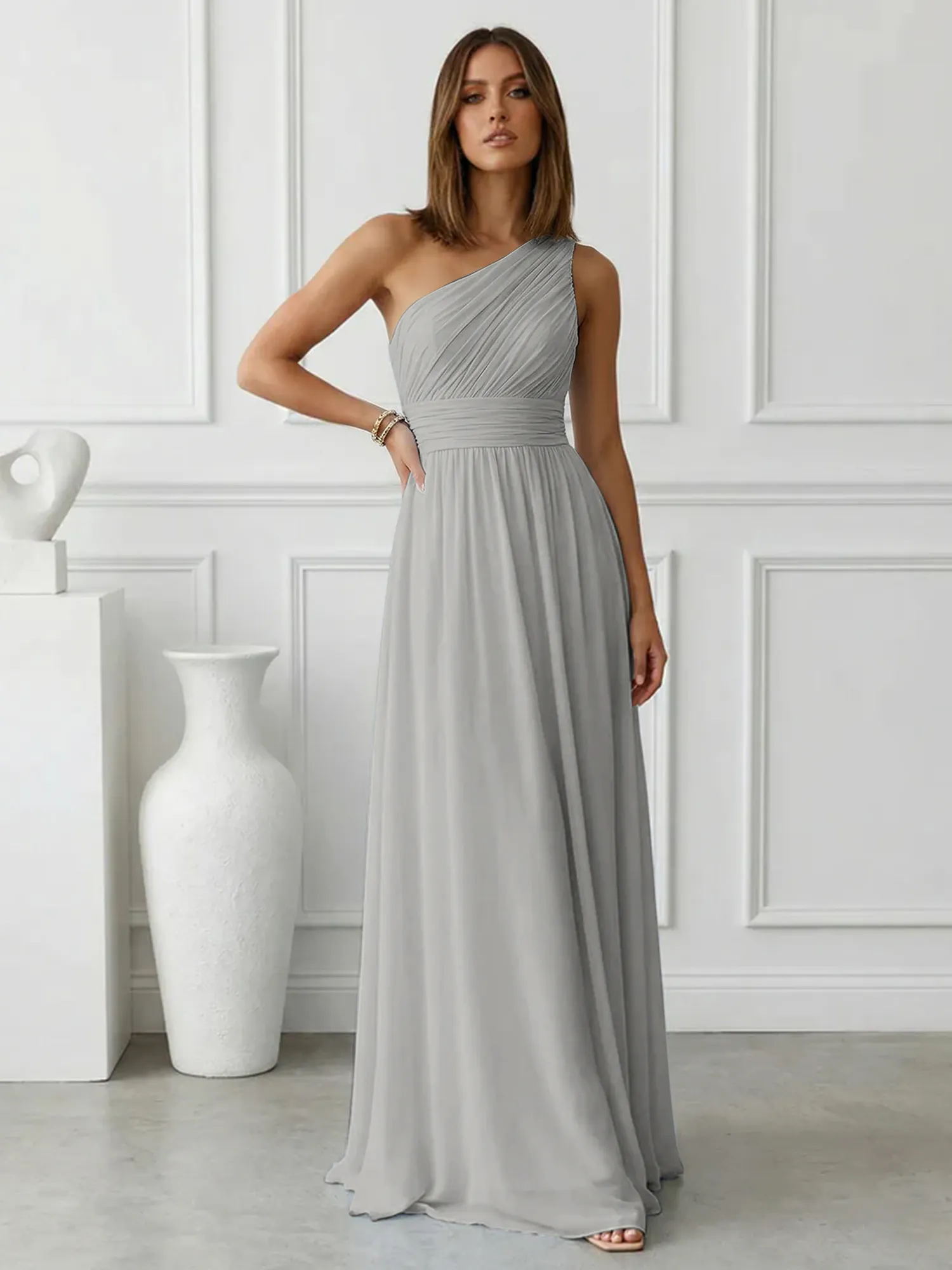 One-Shoulder Pleated Chiffon A-Line Evening Dress