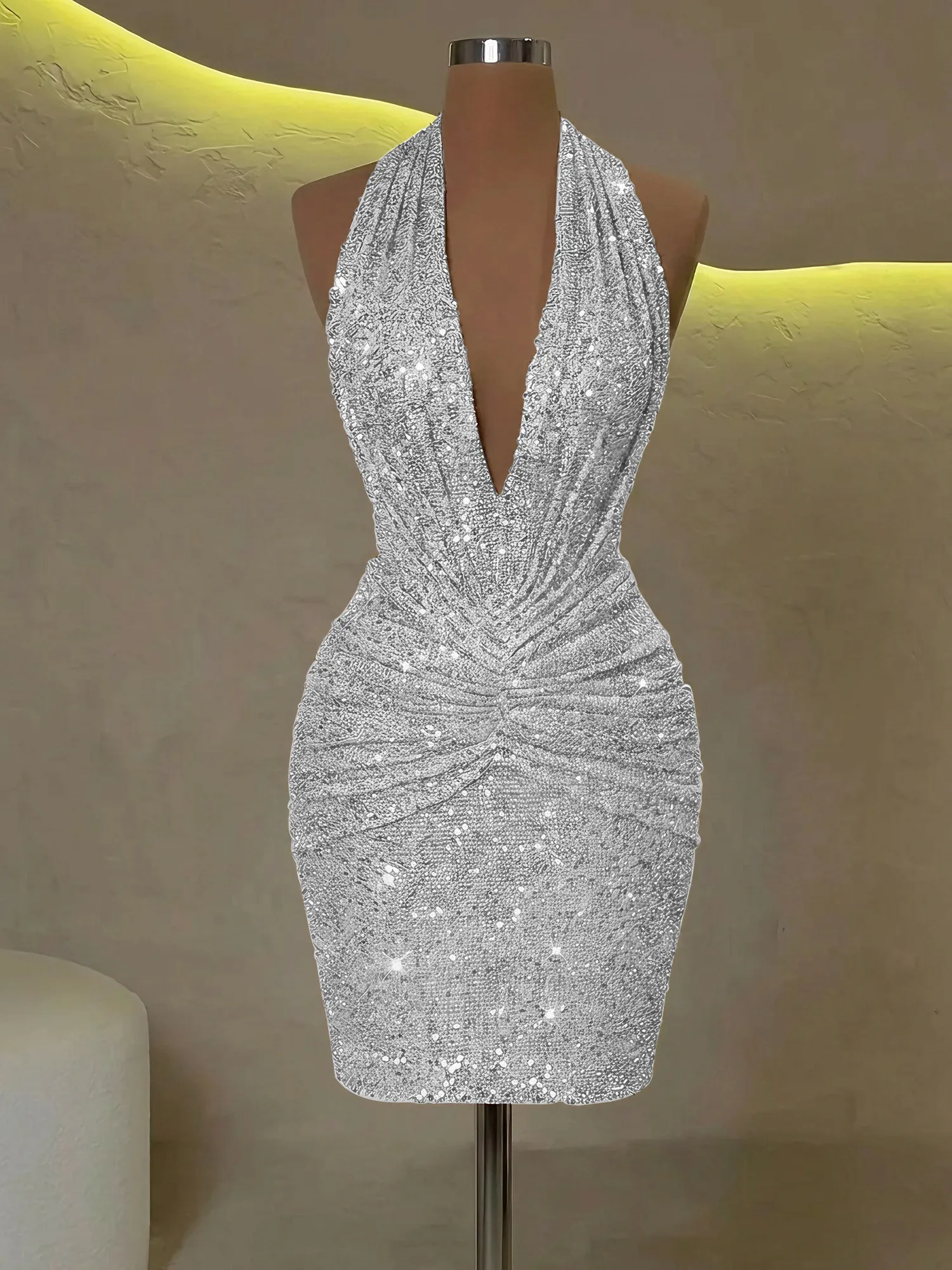 Sequin Halter Deep V-Neck Bodycon Homecoming Dress Mini Dress