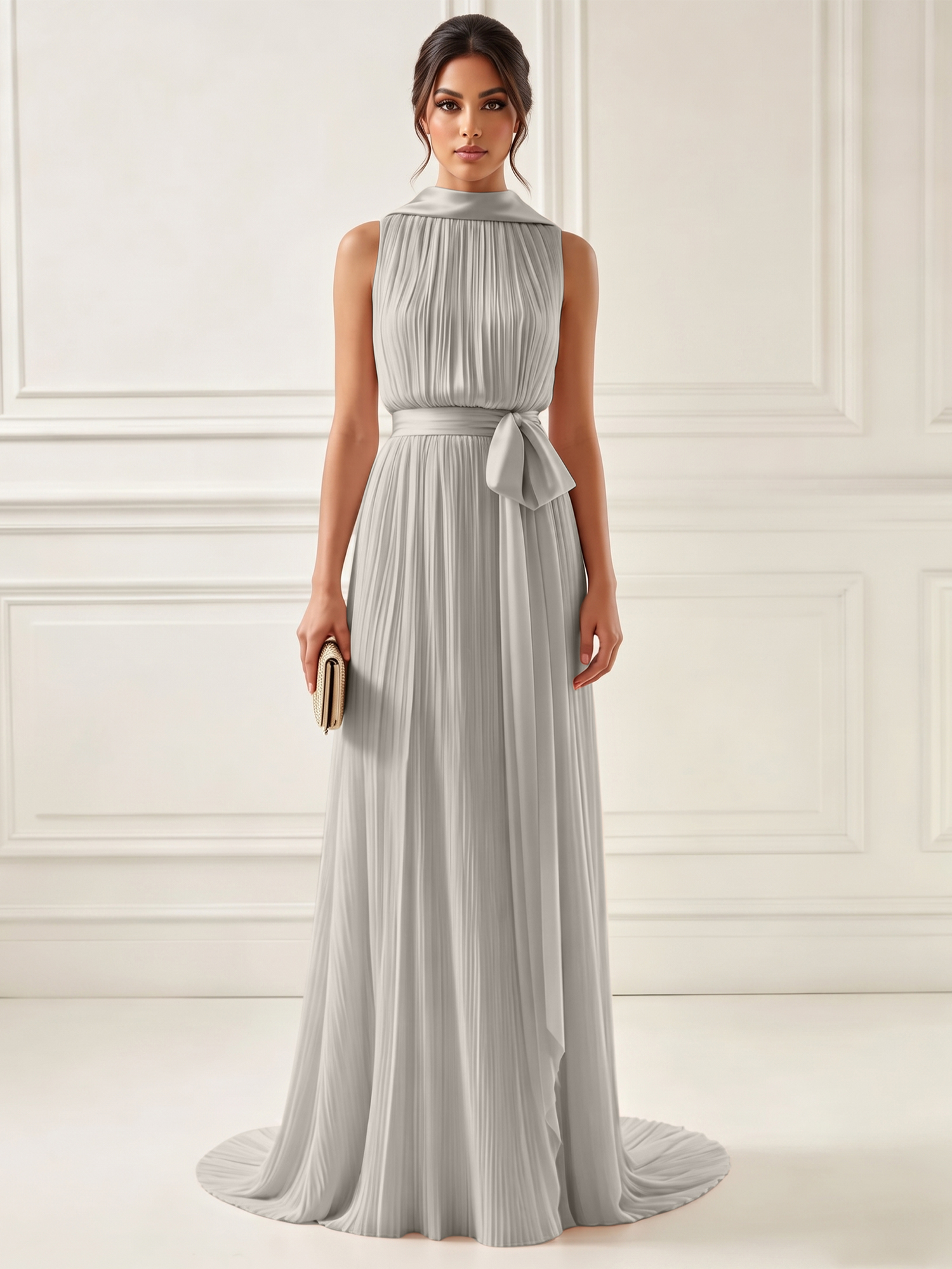 Ethereal Pleated Pastel Pink High Neck Maxi Formal Evening Dress with Satin Sash
