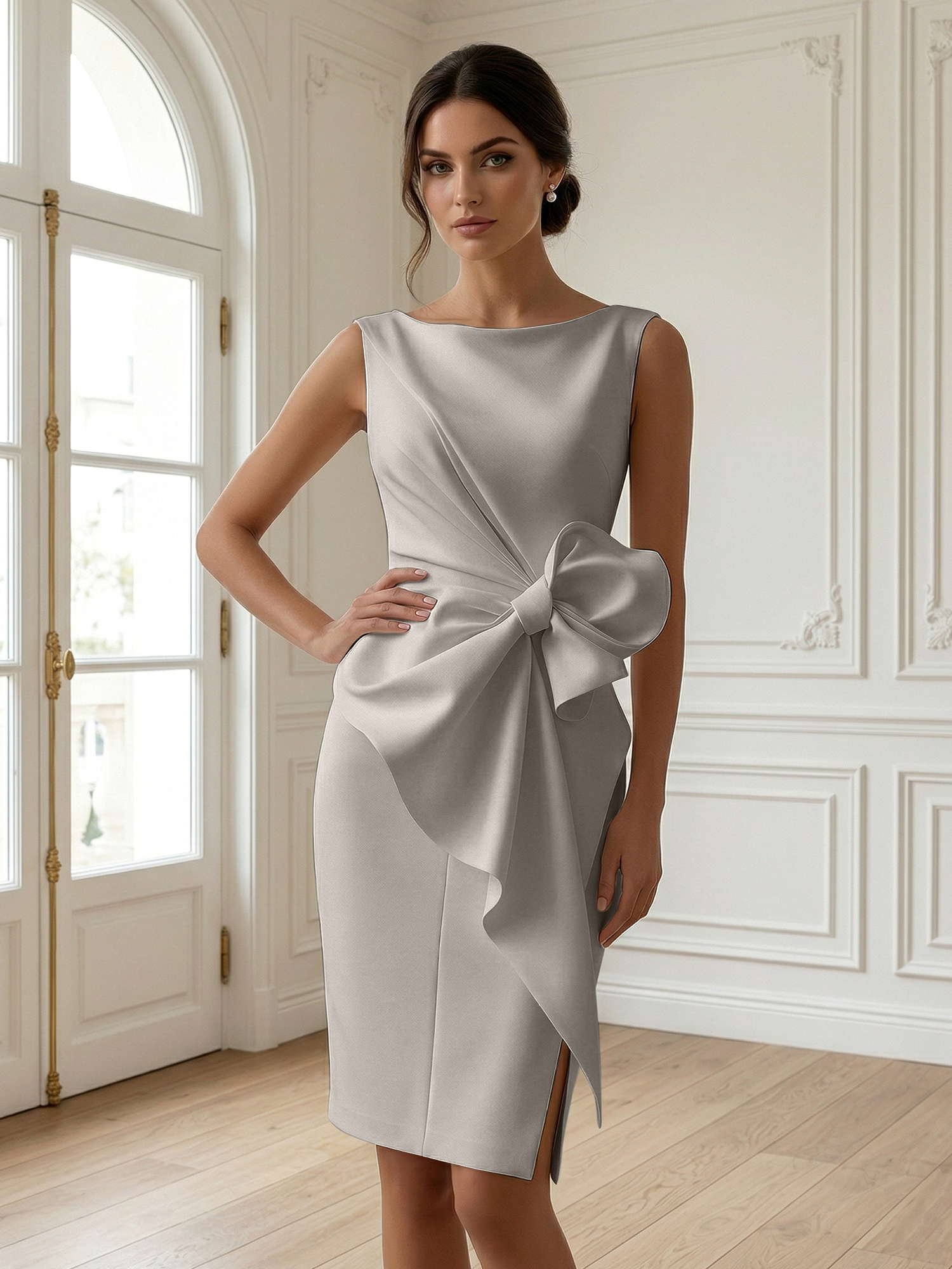 White 3D Bow Sleeveless Sheath Midi Dress Evening Gown