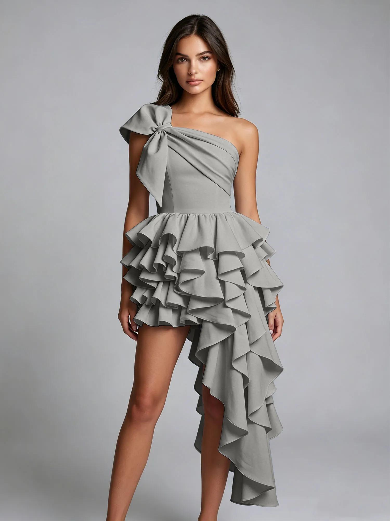 One-Shoulder Bow Tiered Ruffle Asymmetrical Homecoming Dress