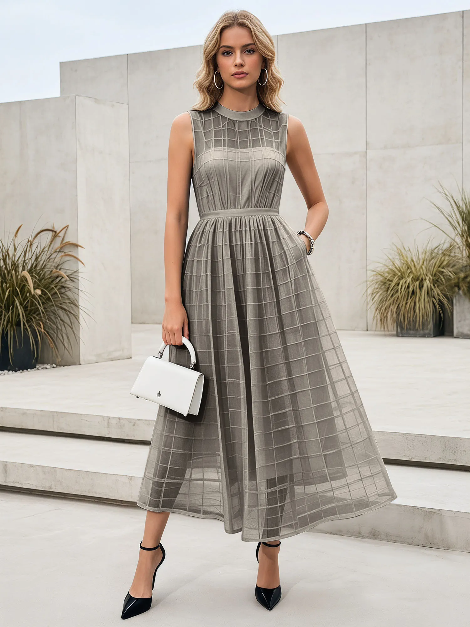 Sleeveless Grid Mesh A-Line Midi Evening Dress