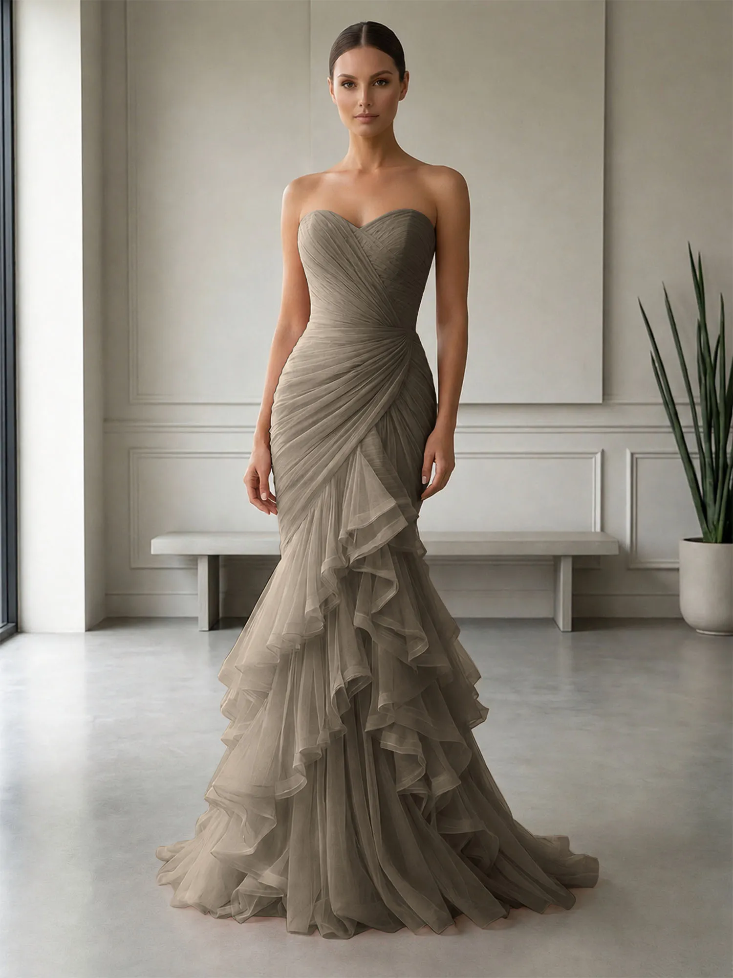 Strapless Ruched Tulle Mermaid Evening Gown Maxi Dress