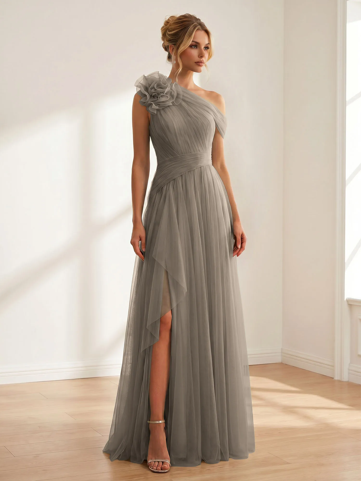 One-Shoulder Tulle Evening Gown with Floral Accent