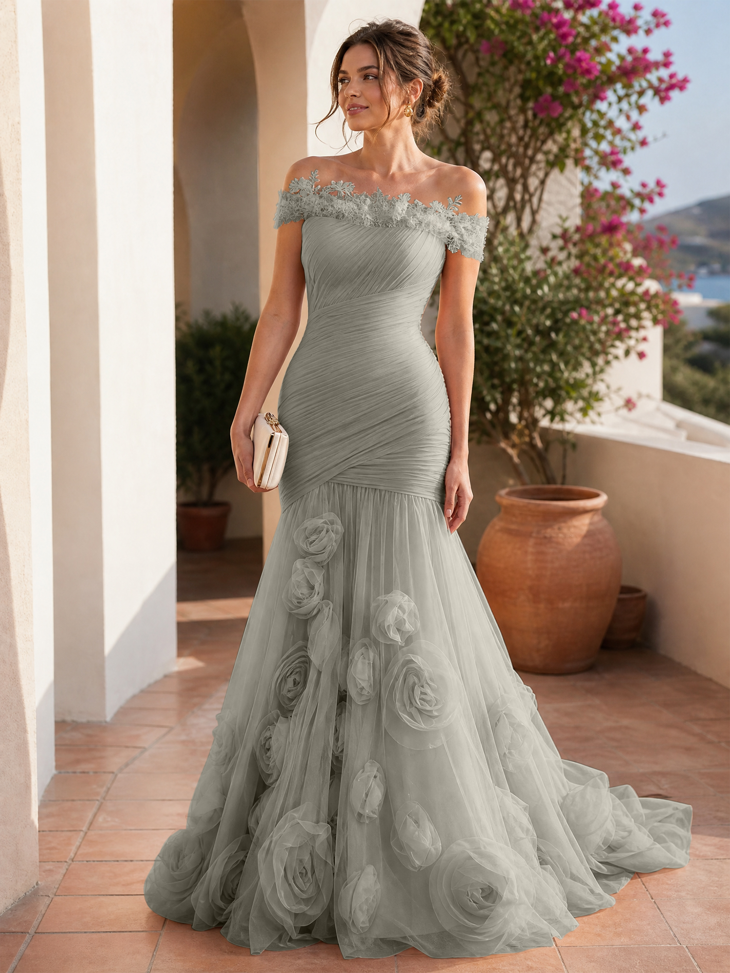 Romantic Blushing Rose Off-the-Shoulder Mermaid Formal Evening Dress 