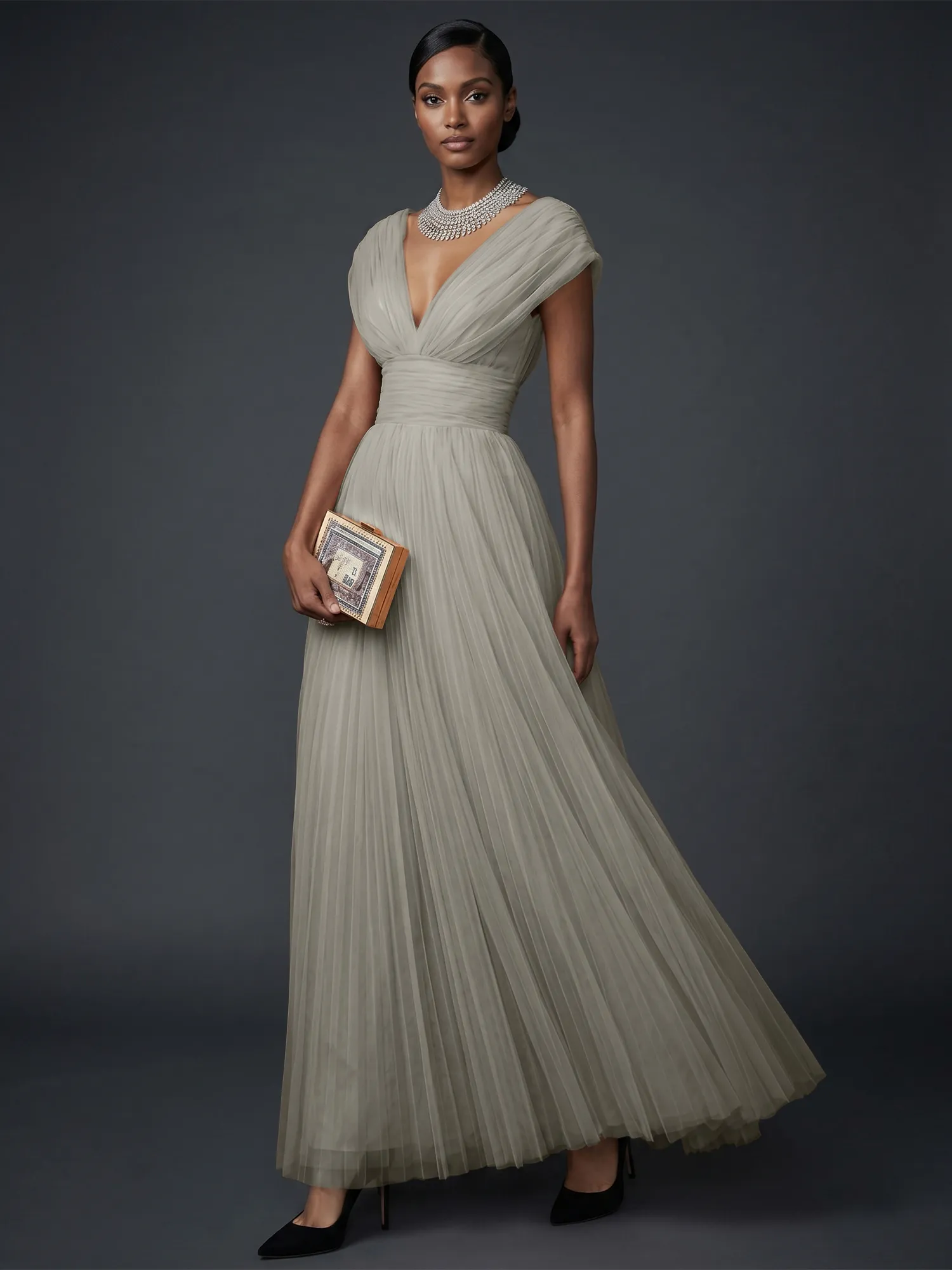 Draped V-Neck Pleated Tulle Evening Gown Maxi Dress