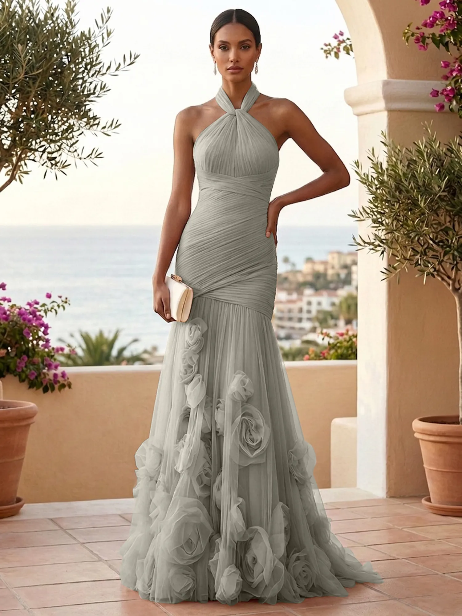 Halter Neck Ruched Tulle Mermaid Gown with 3D Floral Appliqués