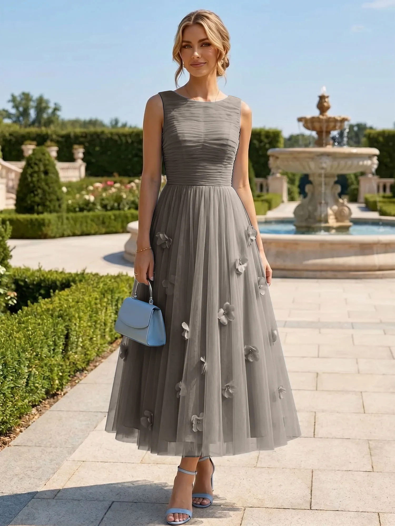 A Line Sleeveless Tulle Midi Dress with 3D Floral Appliqués