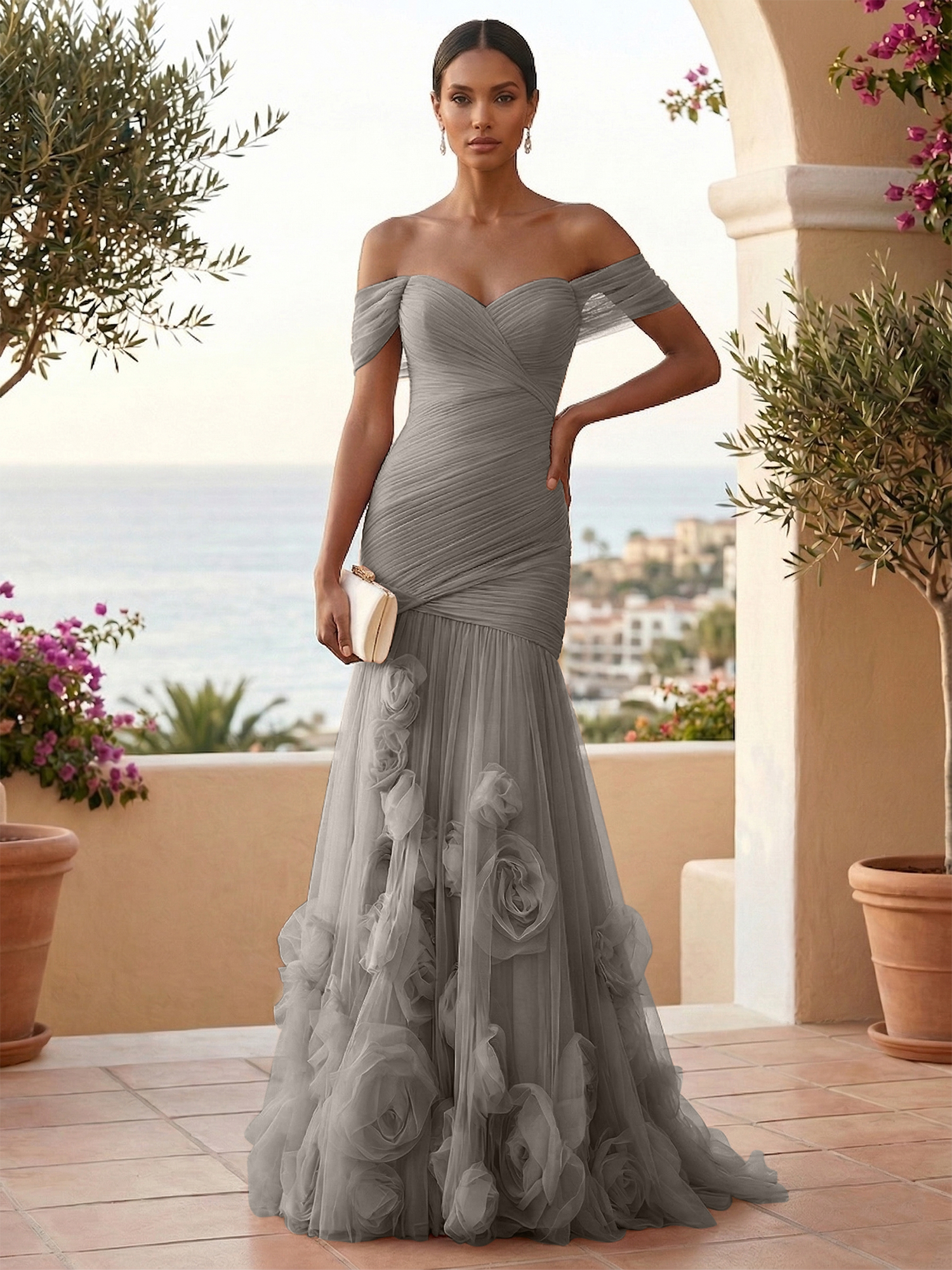 Sweetheart Tulle Off the Shoulder Pleat Mermaid Evening Dresses with 3D Flower