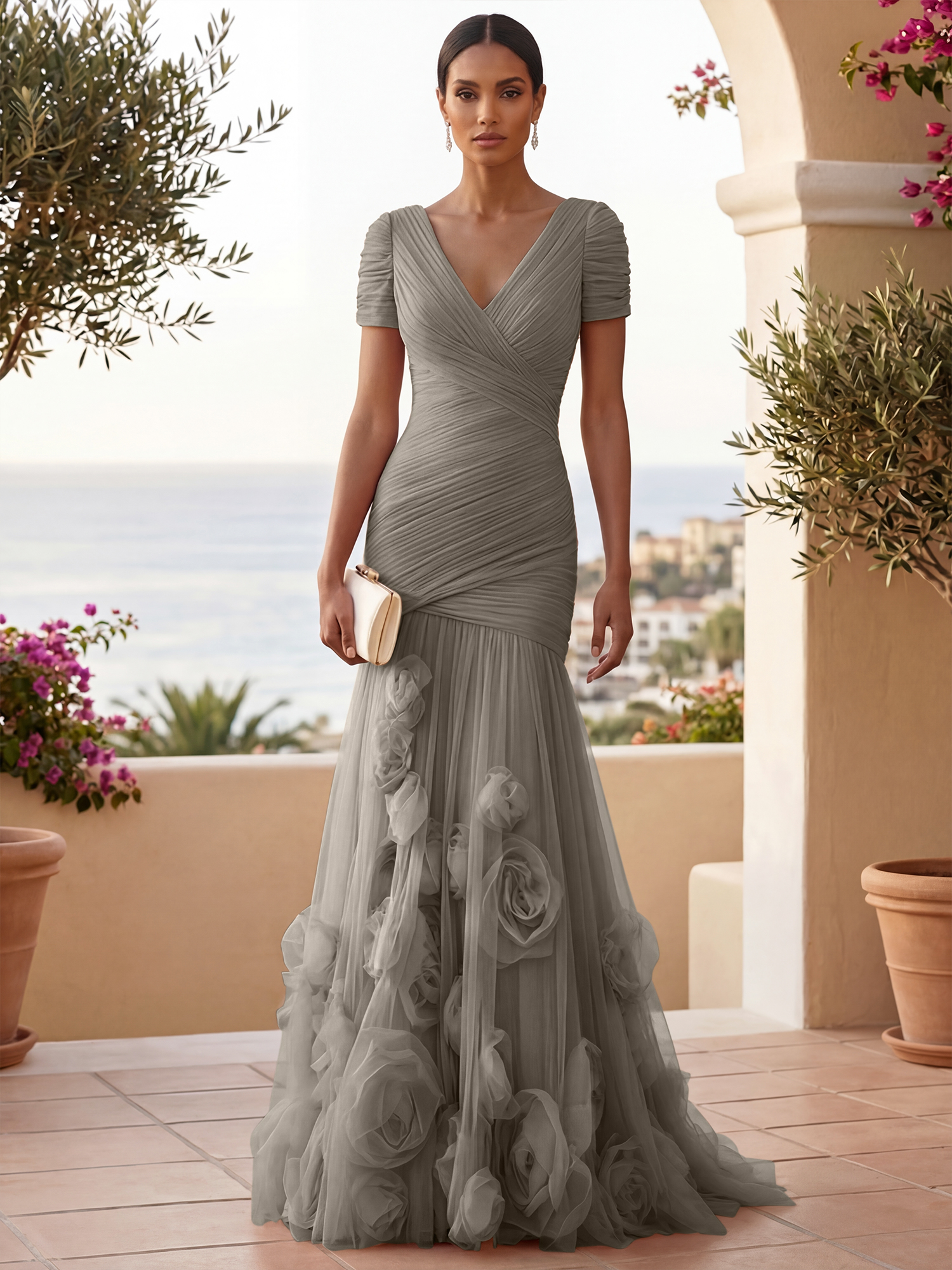Sweetheart Tulle Short Sleeves Pleat Mermaid Evening Dresses with 3D Flower