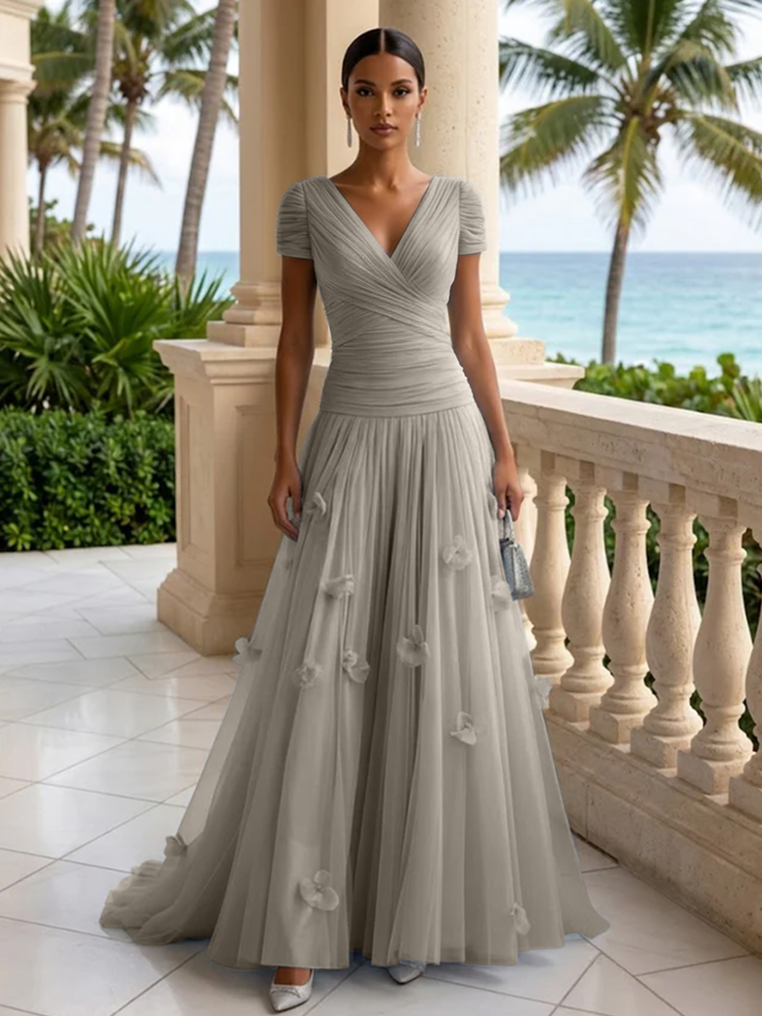 Elegant V-Neck Ruched Tulle A-Line Evening Gown with 3D Floral Appliqués