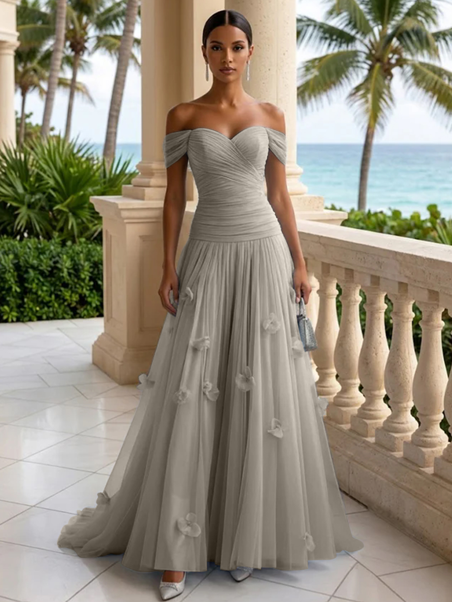 Elegant Off-the-Shoulder Ruched Tulle A-Line Evening Gown with 3D Floral Appliqués