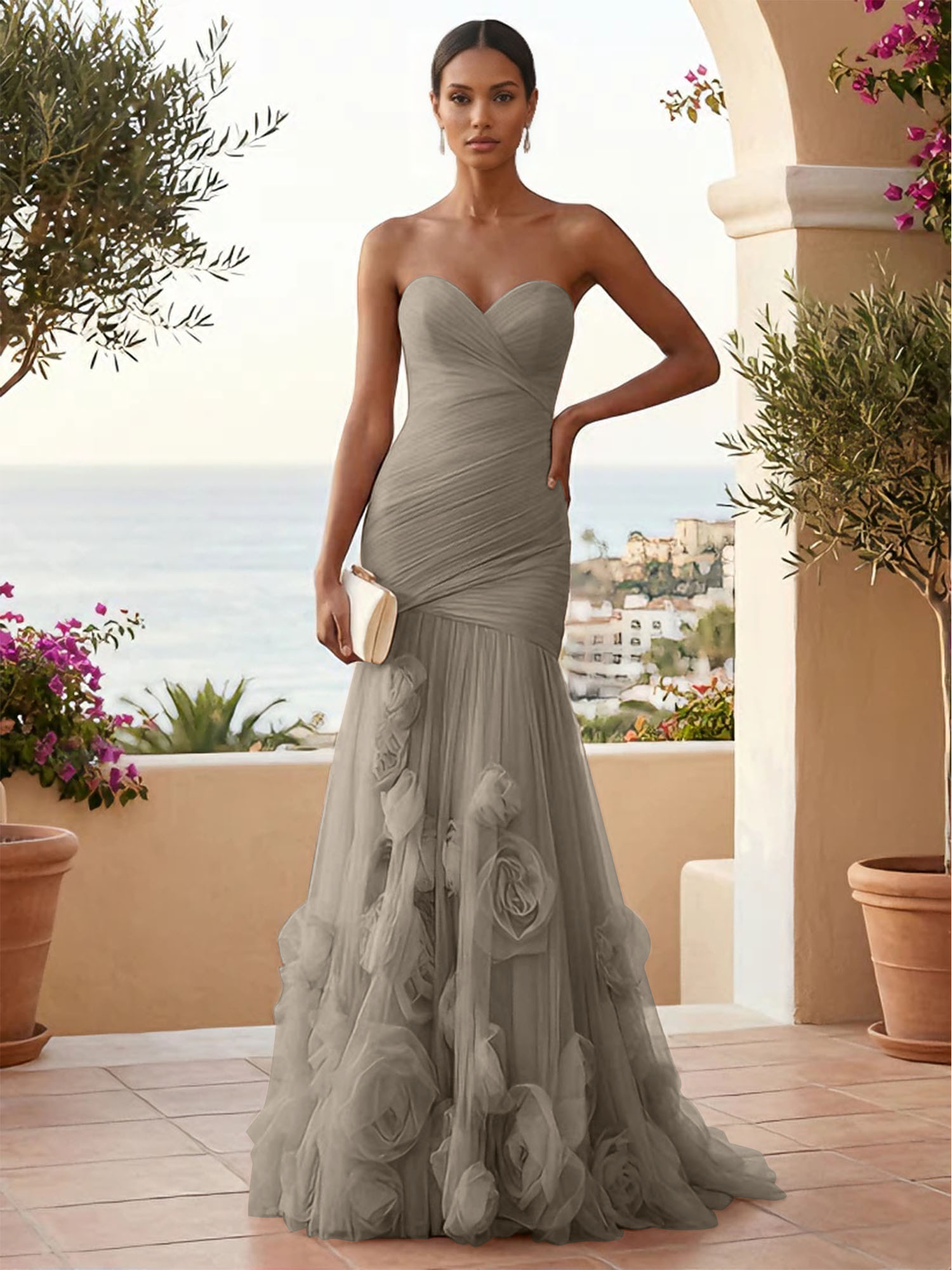 Sweetheart Tulle Pleat Mermaid Evening Dresses with 3D Flower