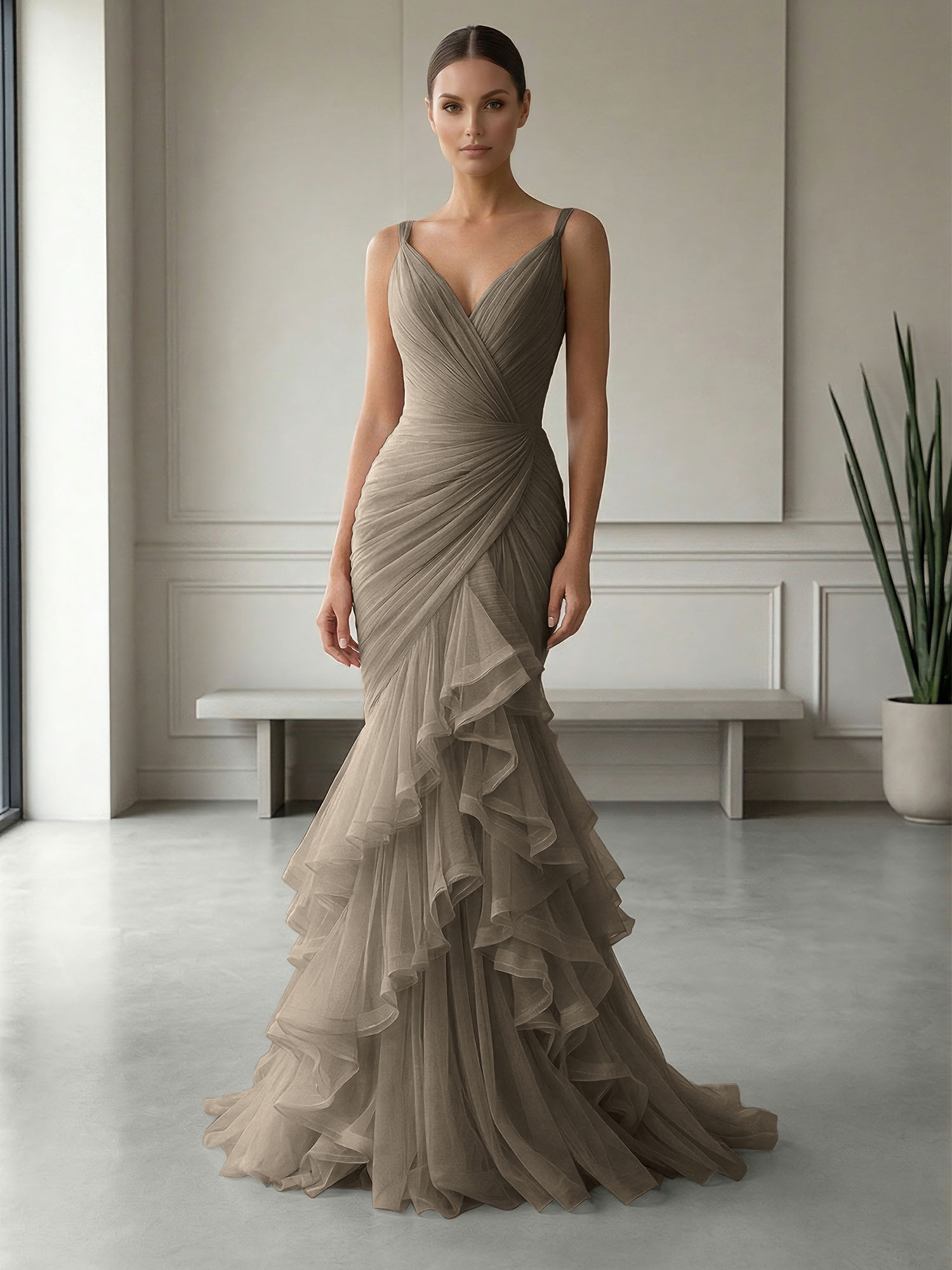 Mauve Folds Tulle Strapless Sleeveless Mermaid Gown Dress
