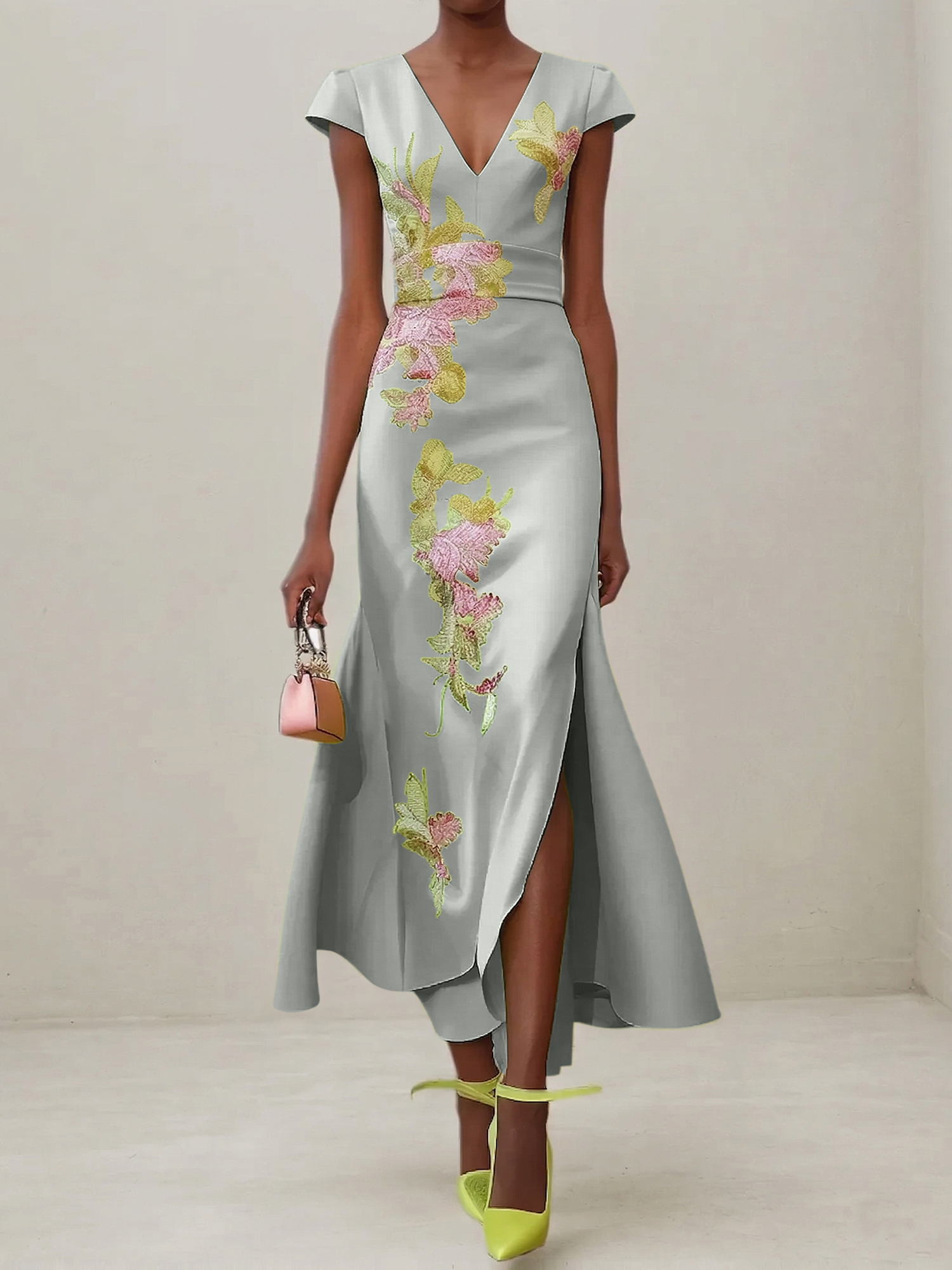 Elegant V-Neck Cap Sleeve Satin Midi Gown with Floral Embroidery & High Slit