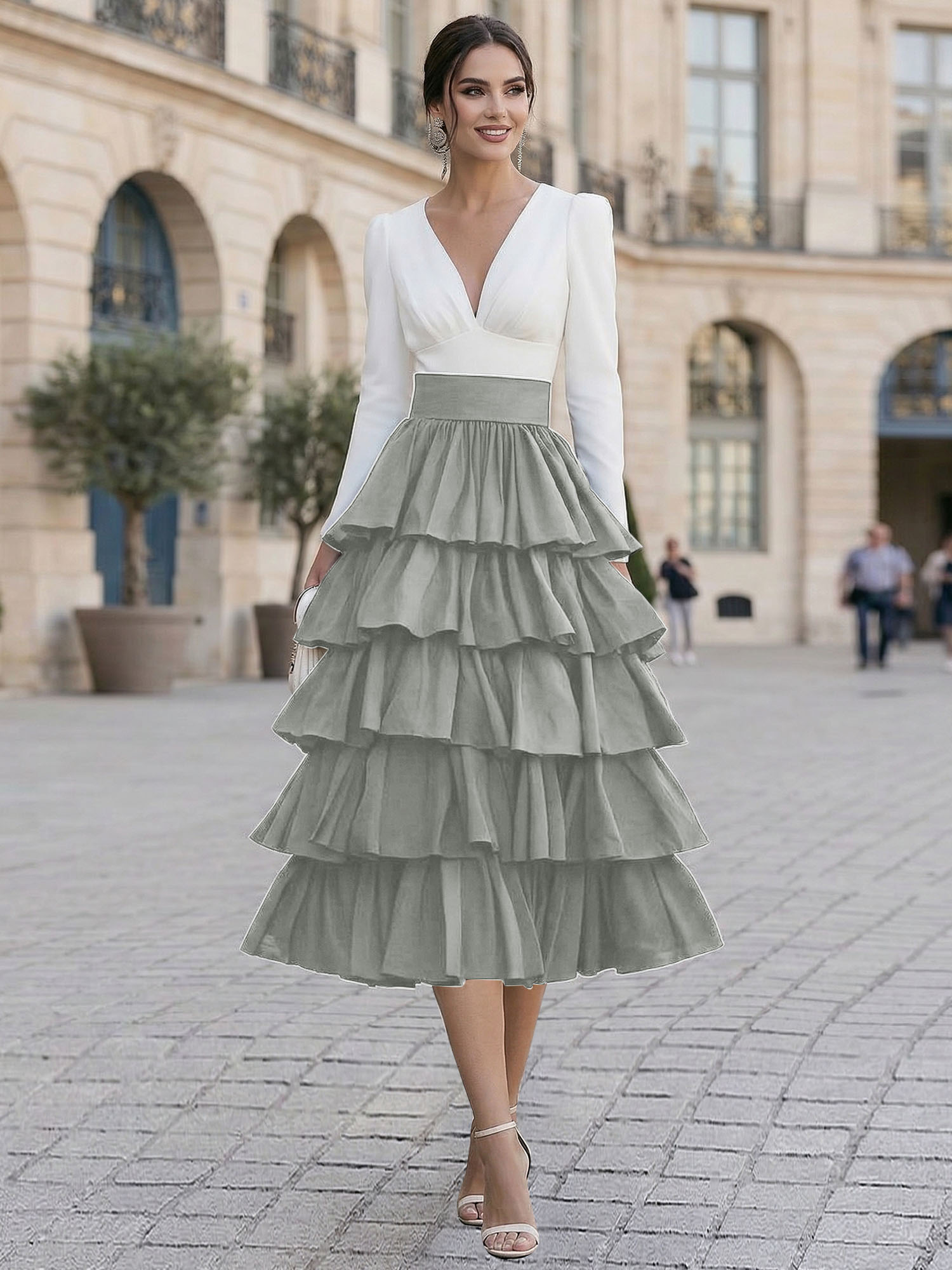 Elegant V-Neck Long Sleeve Tiered Ruffle Midi Dress with Contrast Waistband