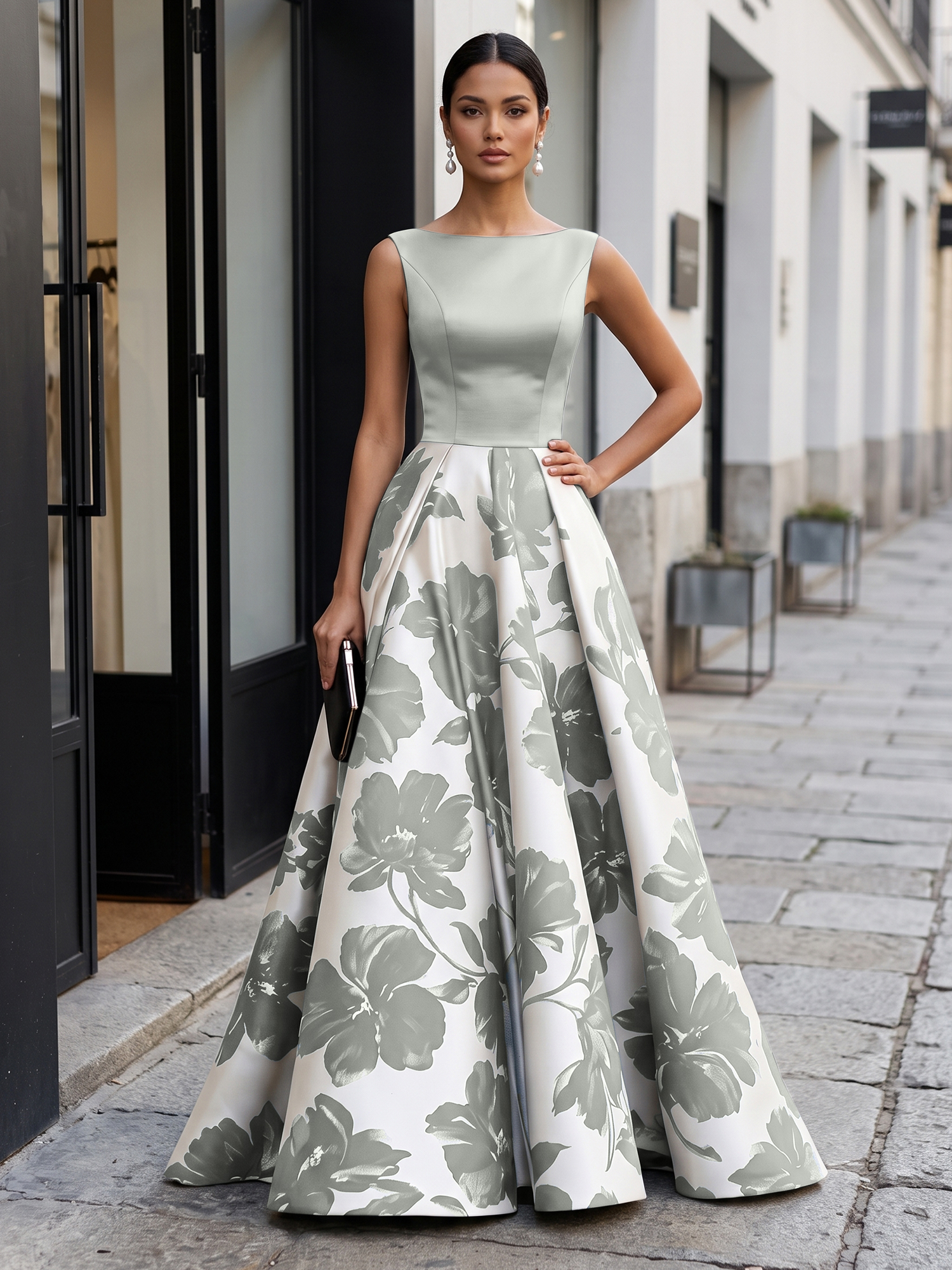 Black Timeless Monochrome Floral Statement Formal Evening Dress