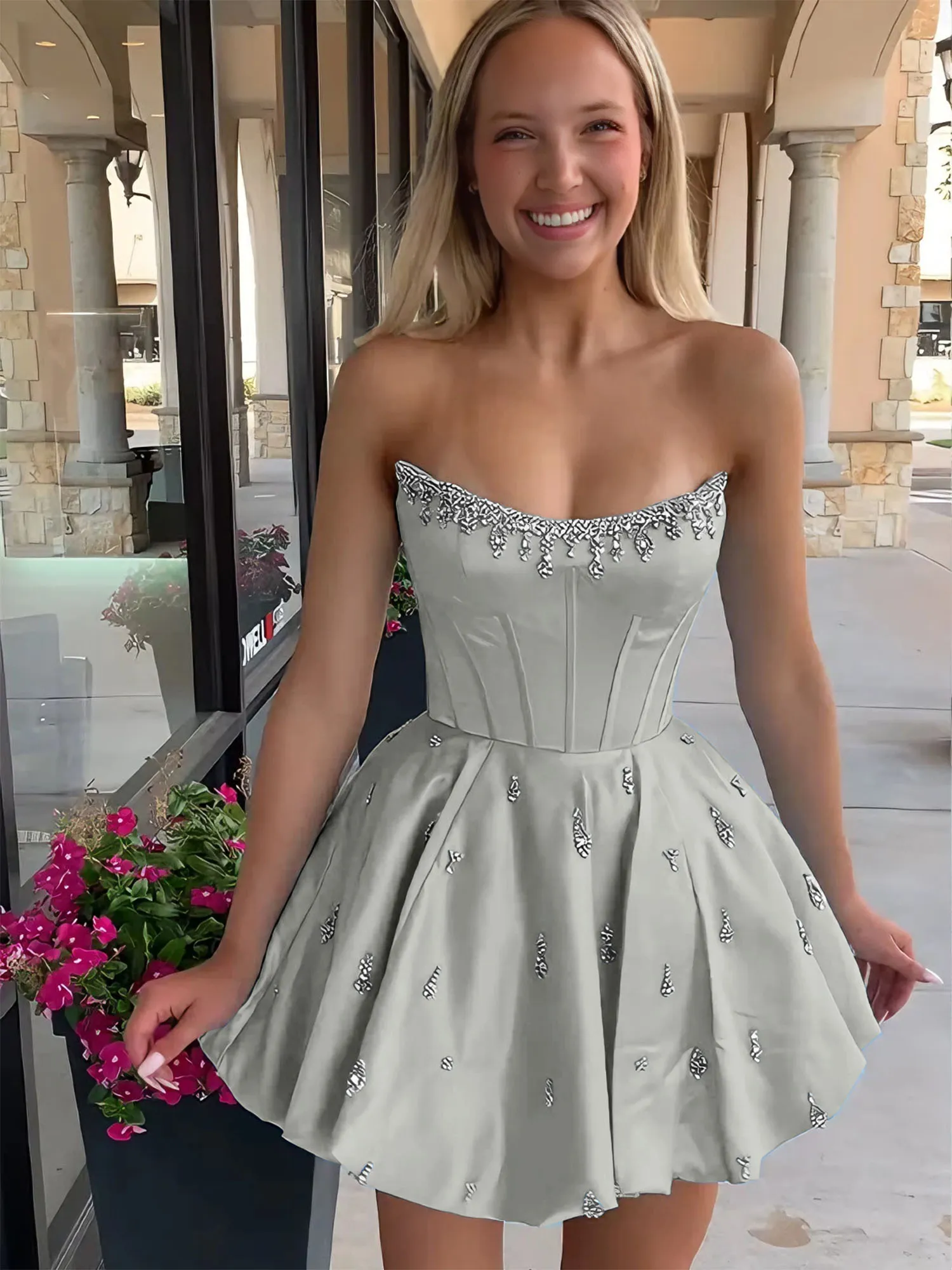 Strapless Beaded Corset Lace-Up Back Satin Homecoming Dress