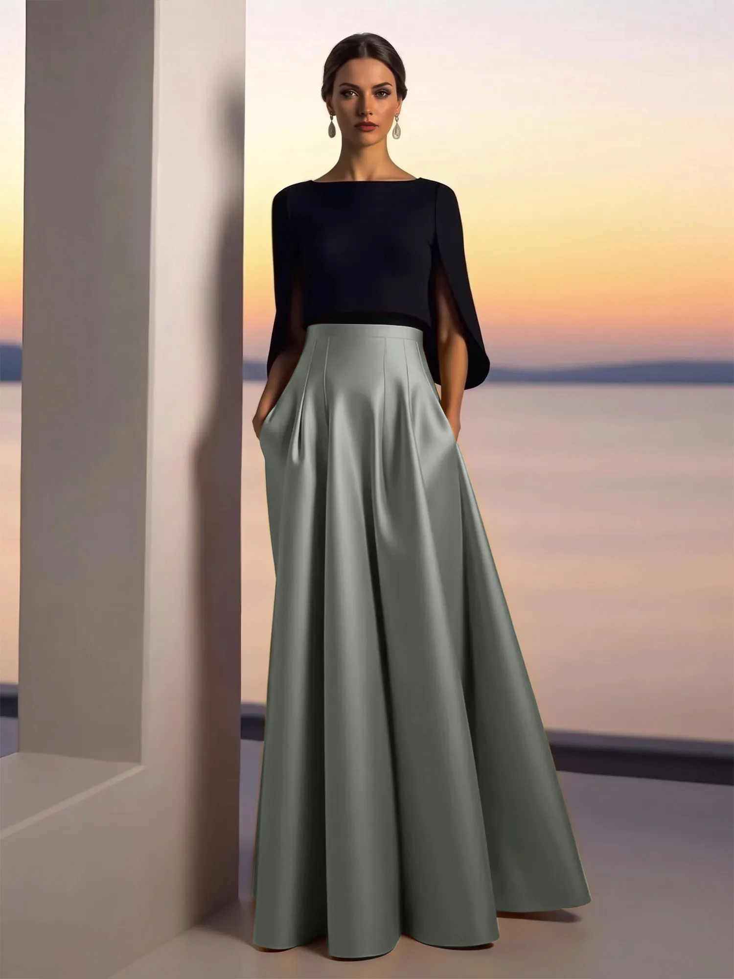 Two-Piece Cape Sleeve Satin Ball Gown Evening Dress
