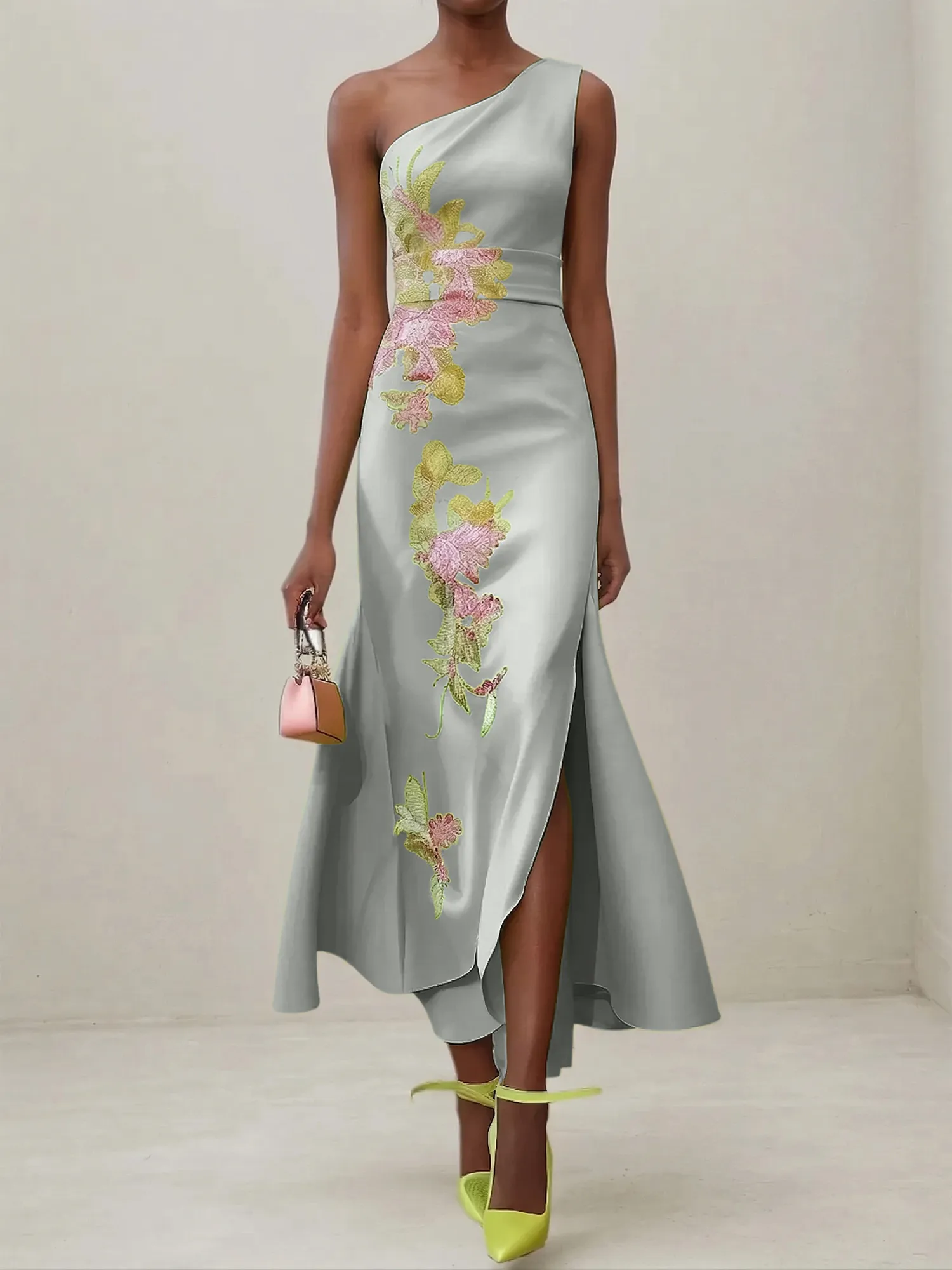Elegant One Shoulder Cap Sleeve Satin Midi Gown with Floral Embroidery & High Slit