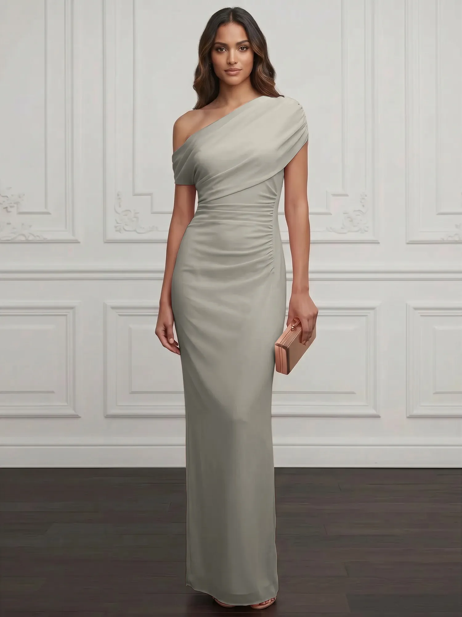 One-Shoulder Draped Chiffon Evening Gown