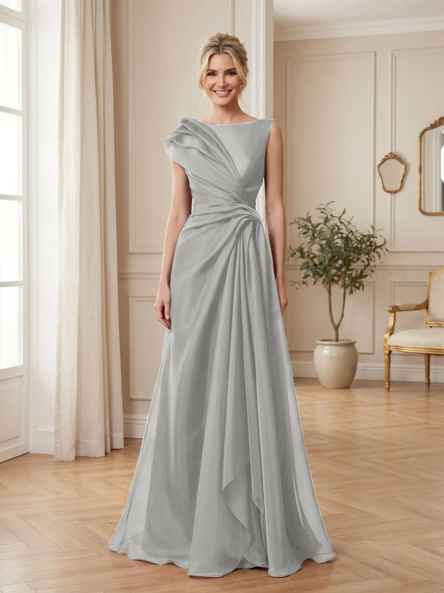 A Line Ruched Draped Tulle Evening Gown