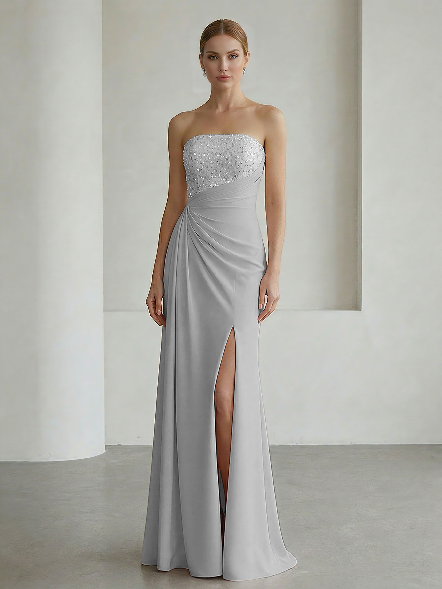 Glamorous Formal Evening Dress Soft Blush Beaded Strapless Slit Gown