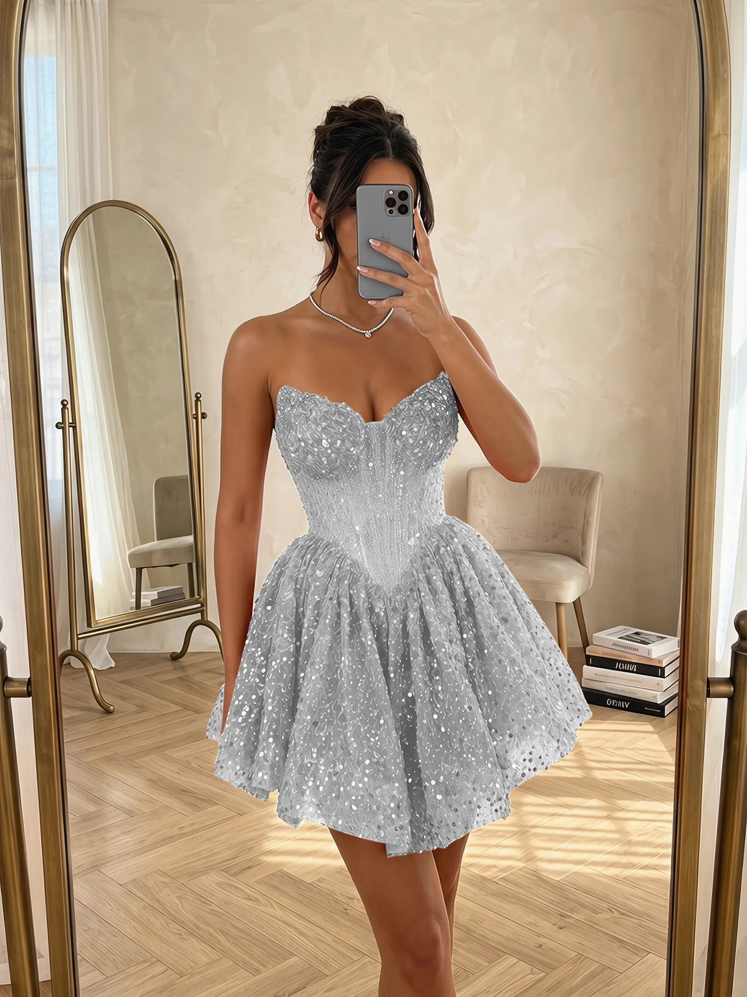 Strapless Sequin Pearl Corset Homecoming Dress with Lace-Up Back