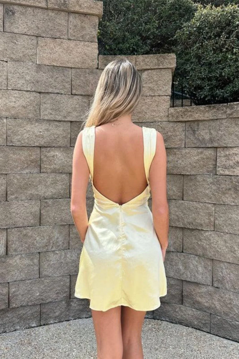 Radiant Butter Yellow Satin Open-Back Homecoming Dress