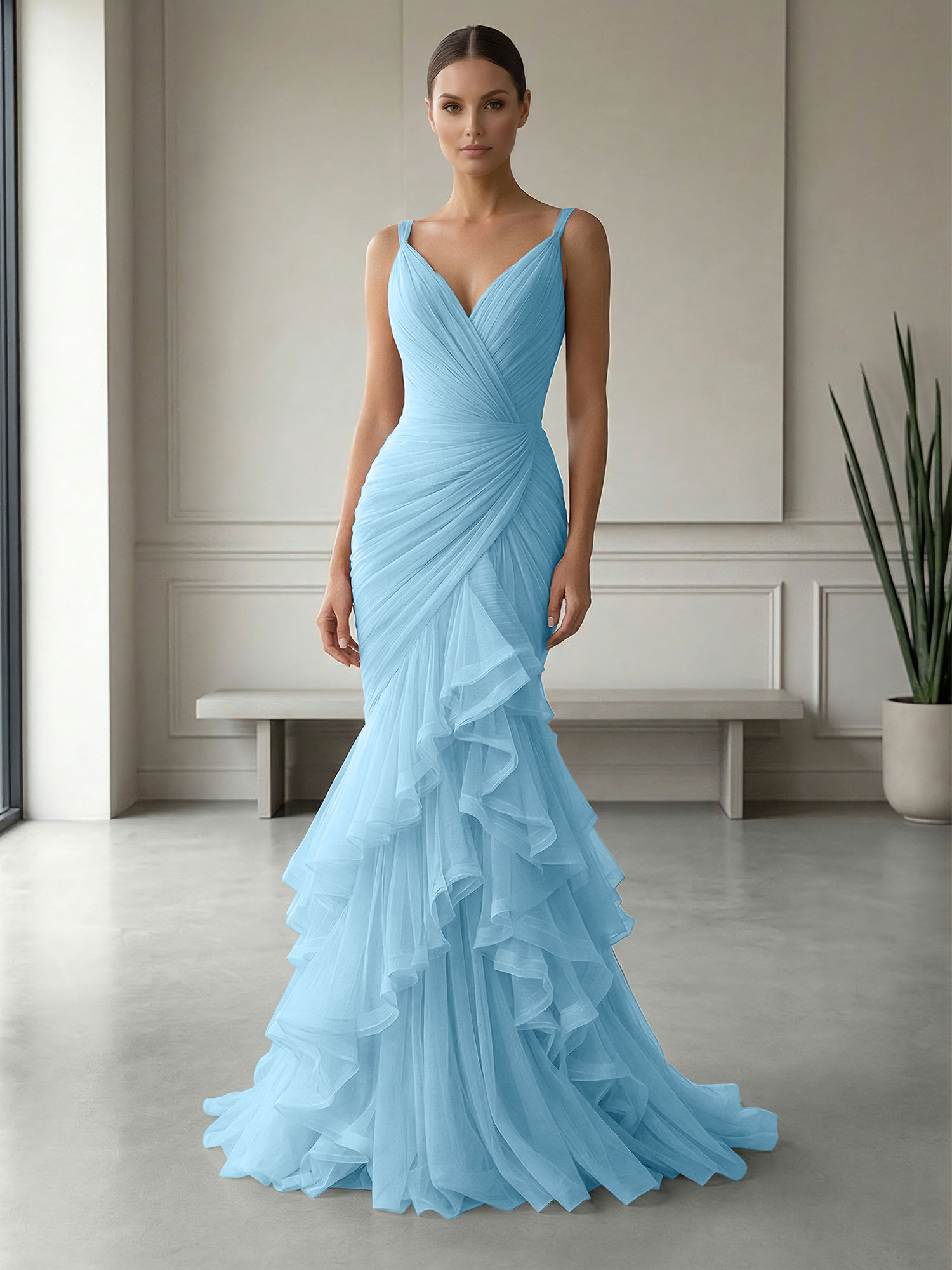 Mauve Folds Tulle Strapless Sleeveless Mermaid Gown Dress