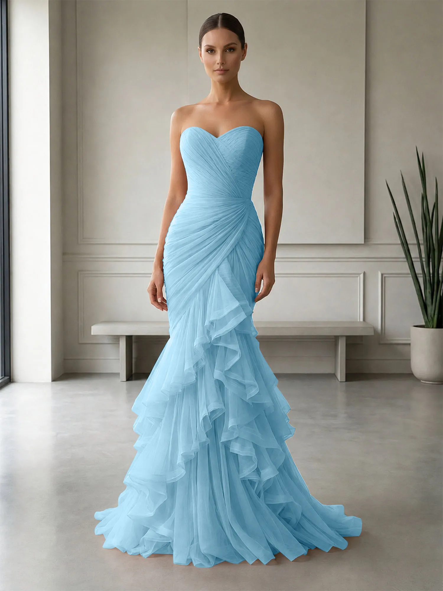Strapless Ruched Tulle Mermaid Evening Gown Maxi Dress