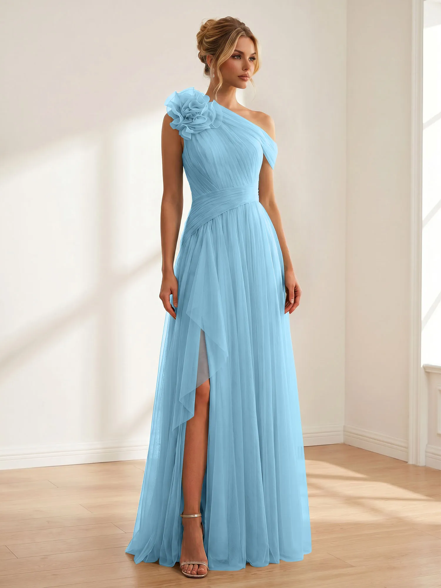 One-Shoulder Tulle Evening Gown with Floral Accent