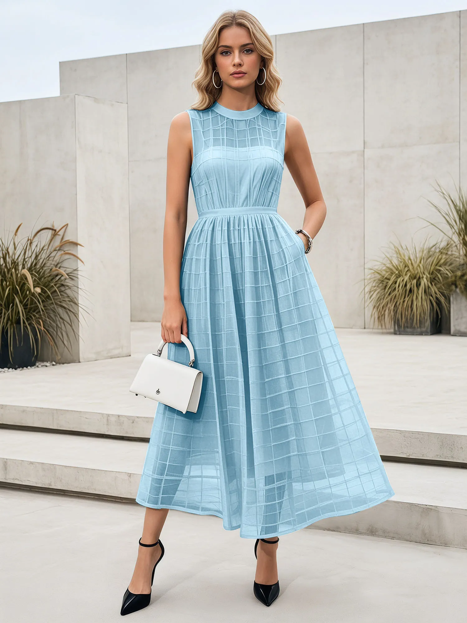 Sleeveless Grid Mesh A-Line Midi Evening Dress