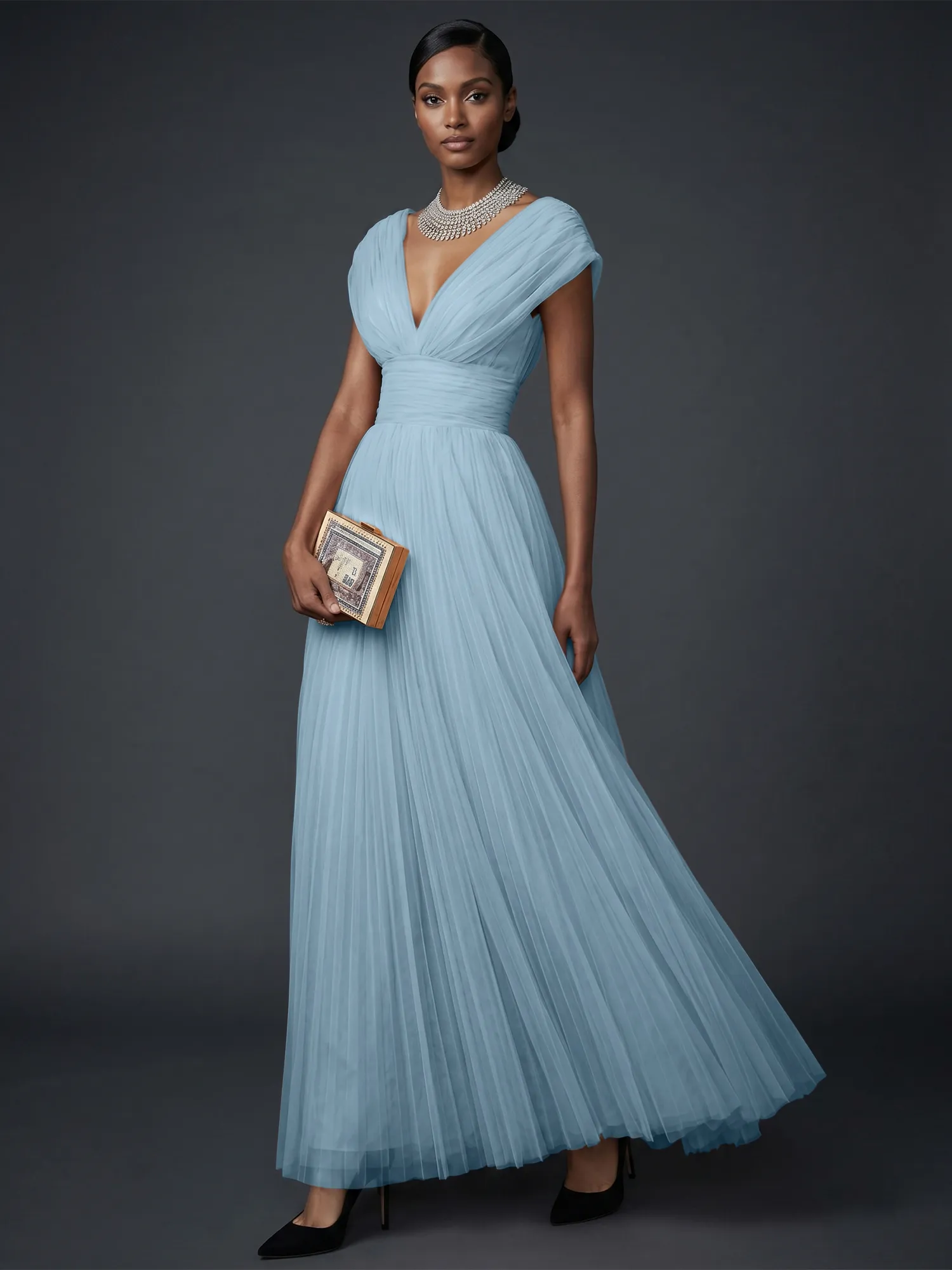 Draped V-Neck Pleated Tulle Evening Gown Maxi Dress