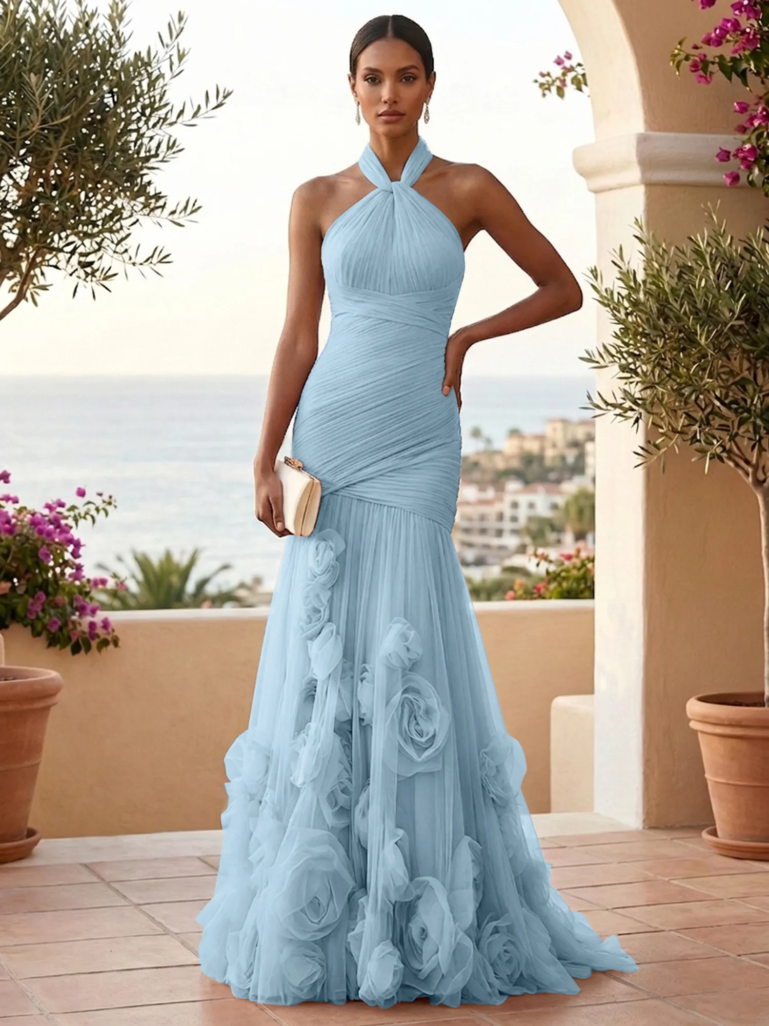 Halter Neck Ruched Tulle Mermaid Gown with 3D Floral Appliqués