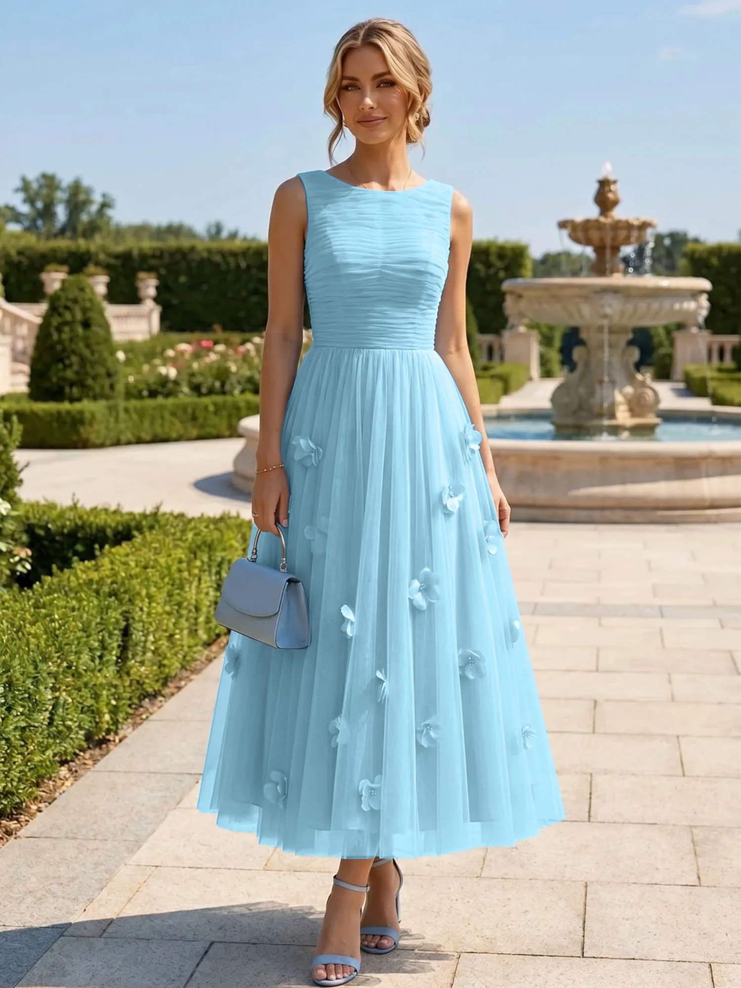 A Line Sleeveless Tulle Midi Dress with 3D Floral Appliqués
