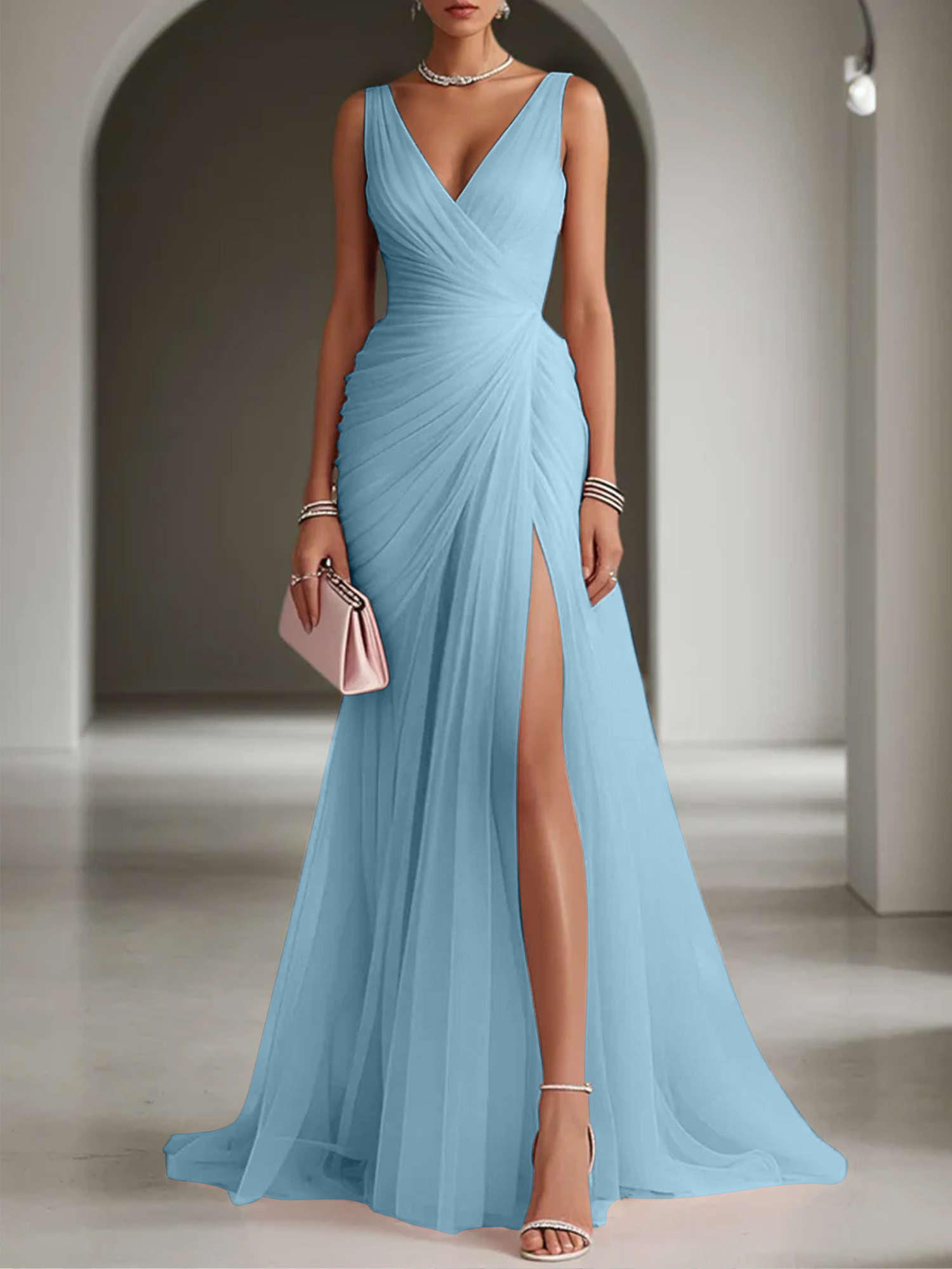 Pink Ruched Slit Tulle V Neck One Shoulder Sheath Gown Dress