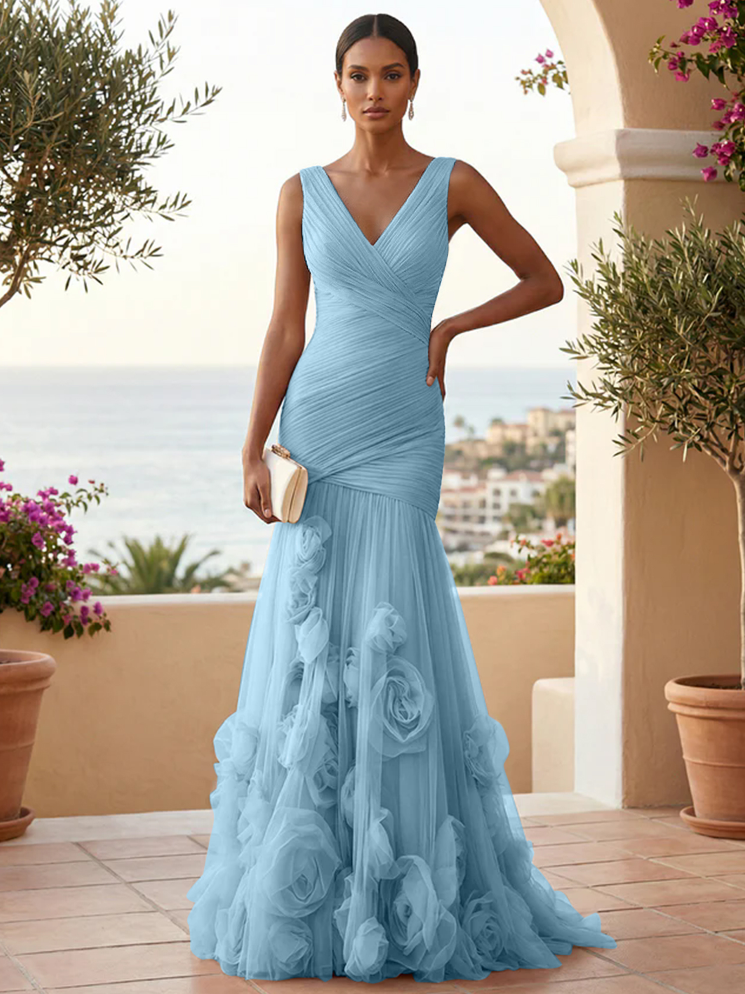 Sweetheart Tulle V Neck Pleat Mermaid Evening Dresses with 3D Flower