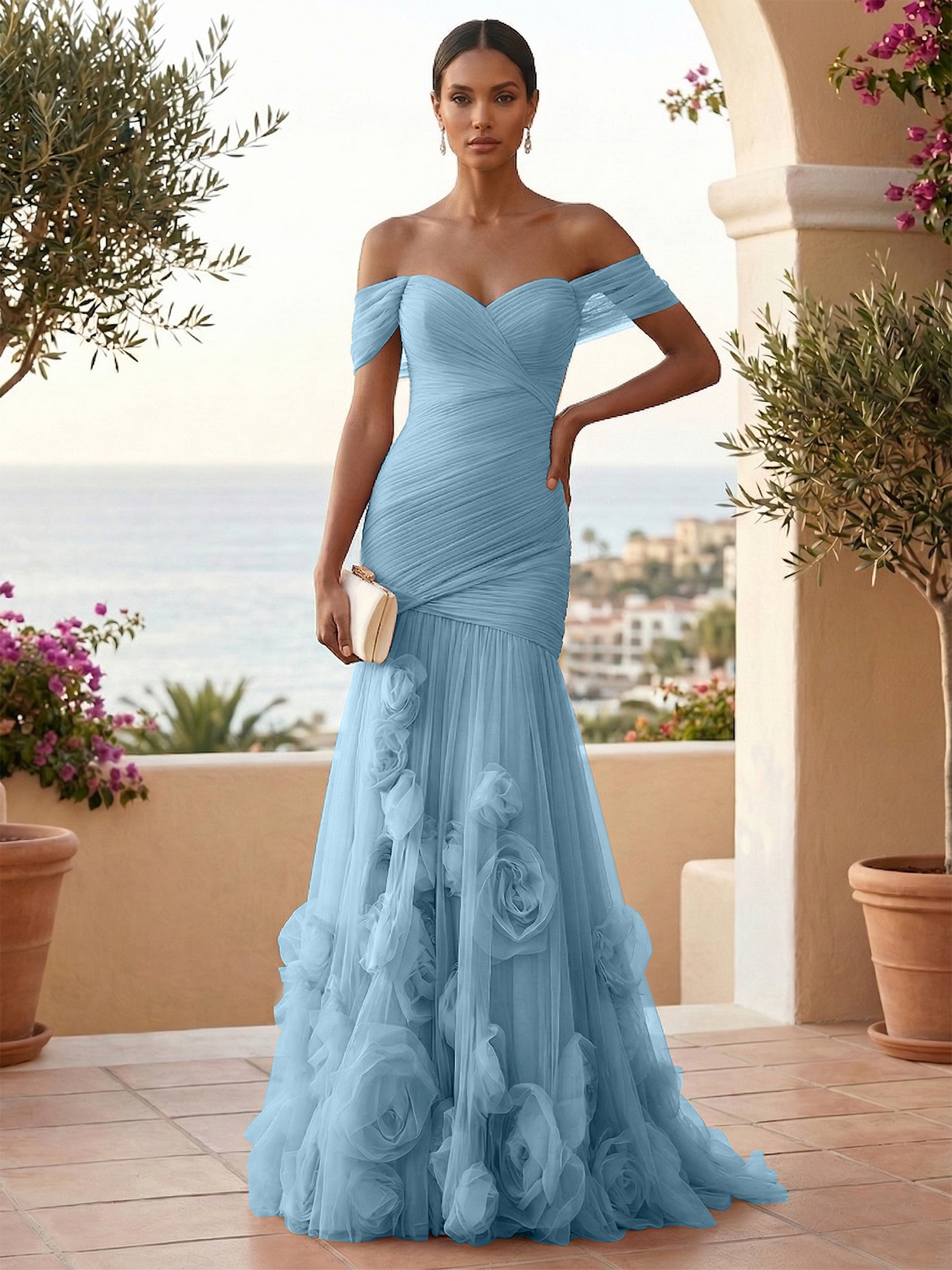 Sweetheart Tulle Off the Shoulder Pleat Mermaid Evening Dresses with 3D Flower