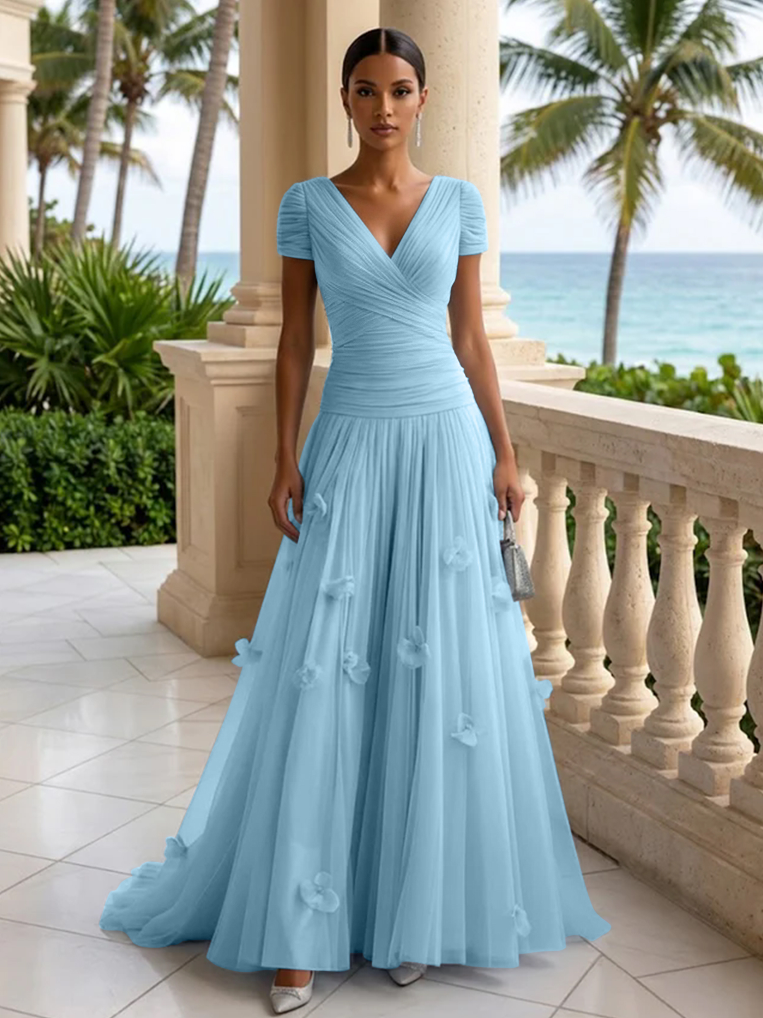 Elegant V-Neck Ruched Tulle A-Line Evening Gown with 3D Floral Appliqués