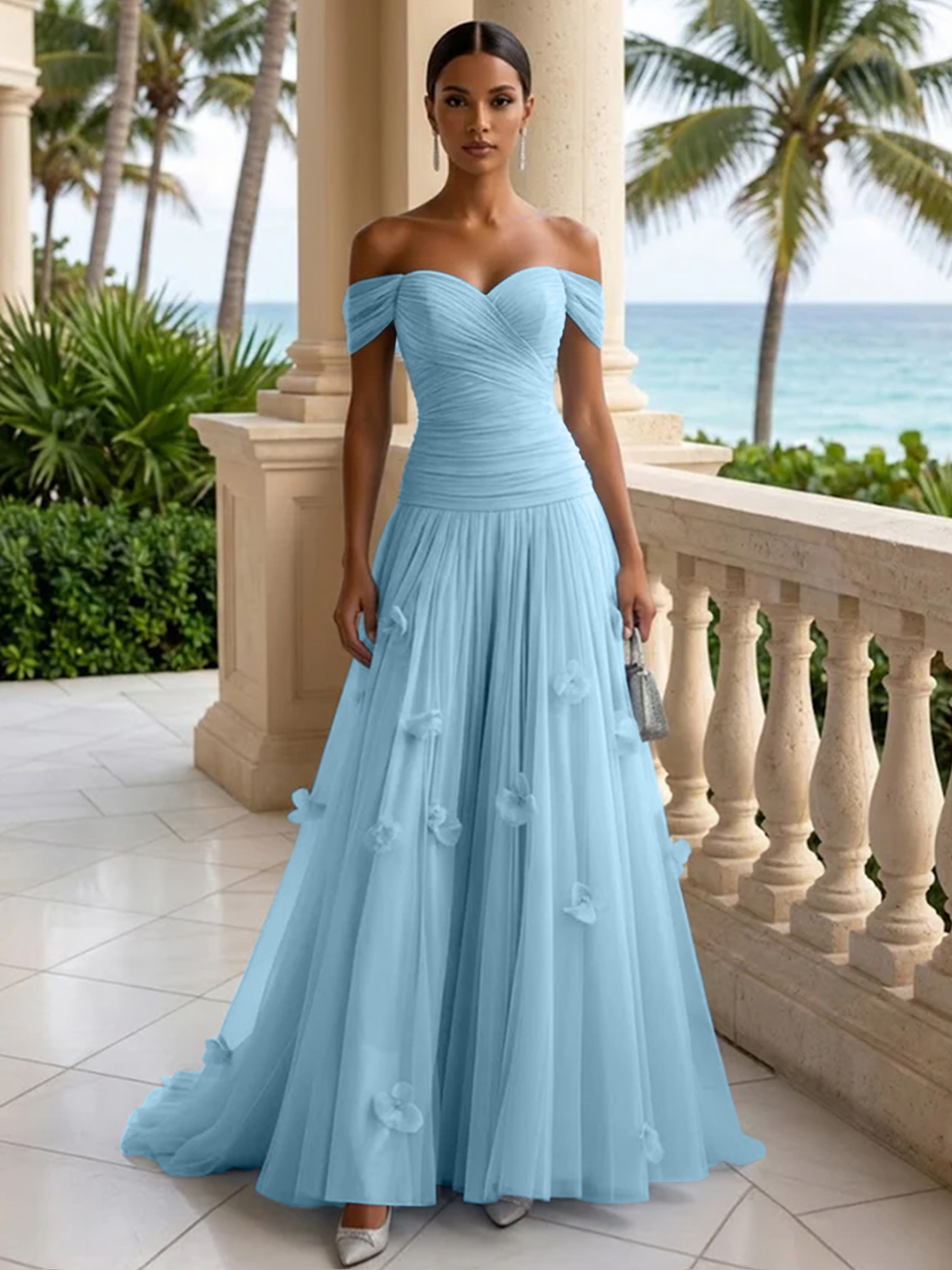 Elegant Off-the-Shoulder Ruched Tulle A-Line Evening Gown with 3D Floral Appliqués